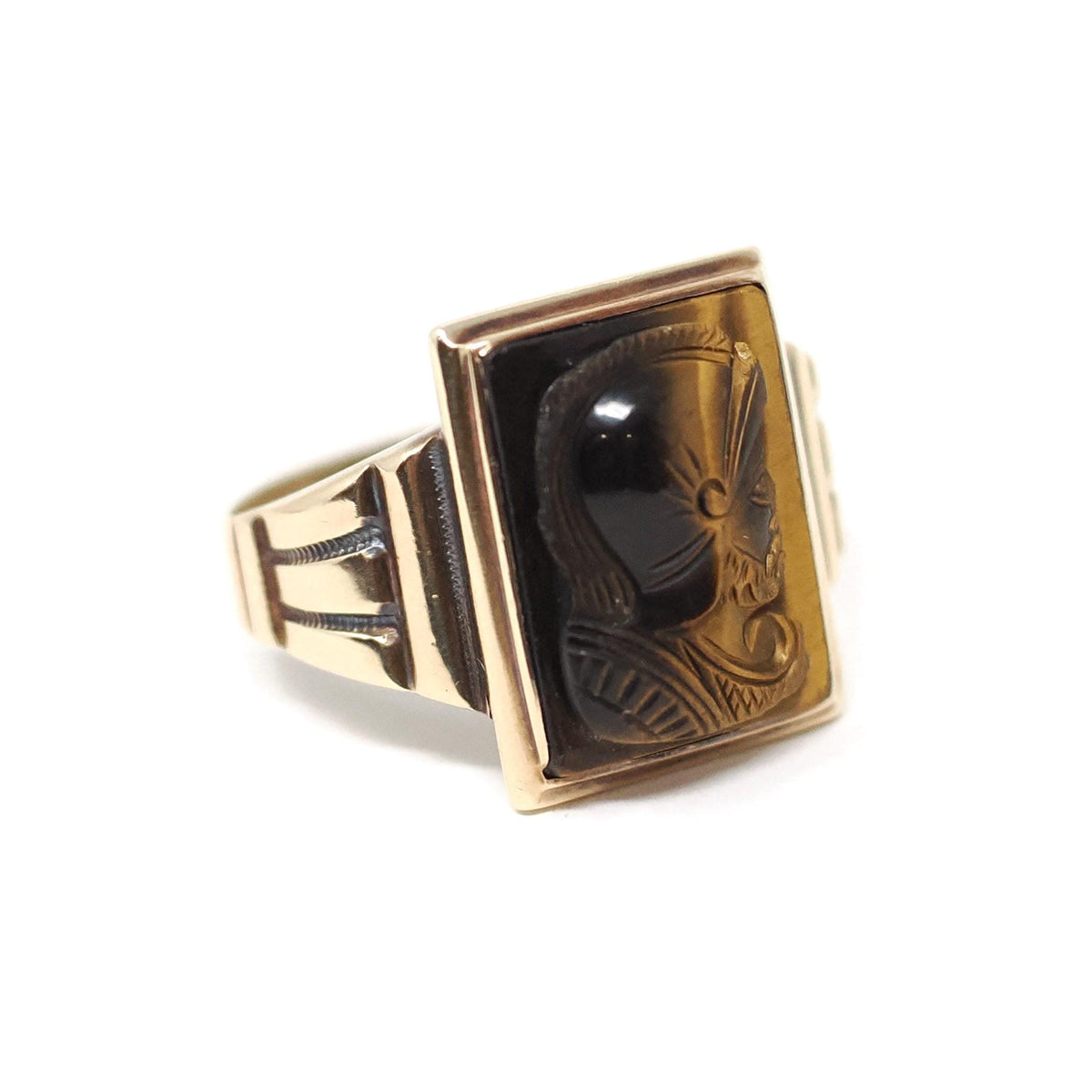 Tiger's Eye Ring - Mid Century 10k Yellow Gold Natural Carved Warrior Brown Gemstone - Vintage Circa 1940s Size 11 Statement Fine Jewelry