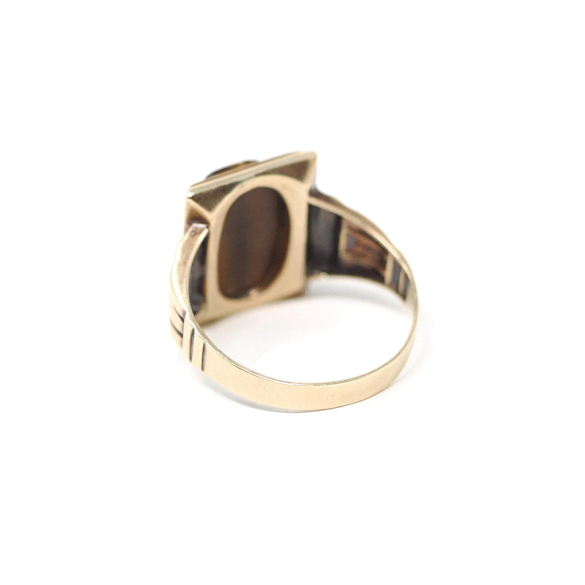Tiger's Eye Ring - Mid Century 10k Yellow Gold Natural Carved Warrior Brown Gemstone - Vintage Circa 1940s Size 11 Statement Fine Jewelry