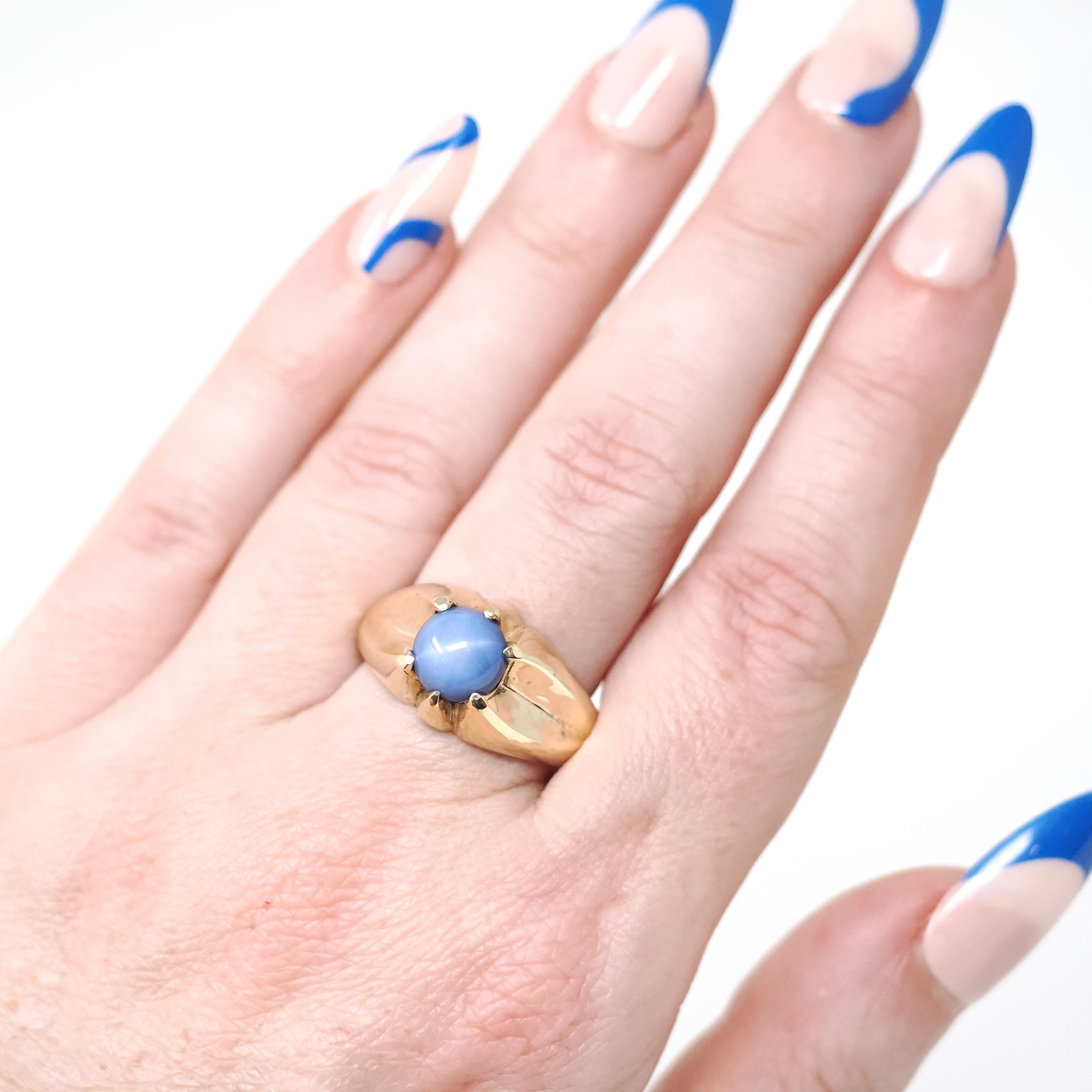 Created Star Sapphire Ring - Mid Century 10k Yellow Gold Blue Stone Statement - Vintage Circa 1940s Size 8 3/4 September Birthstone Jewelry