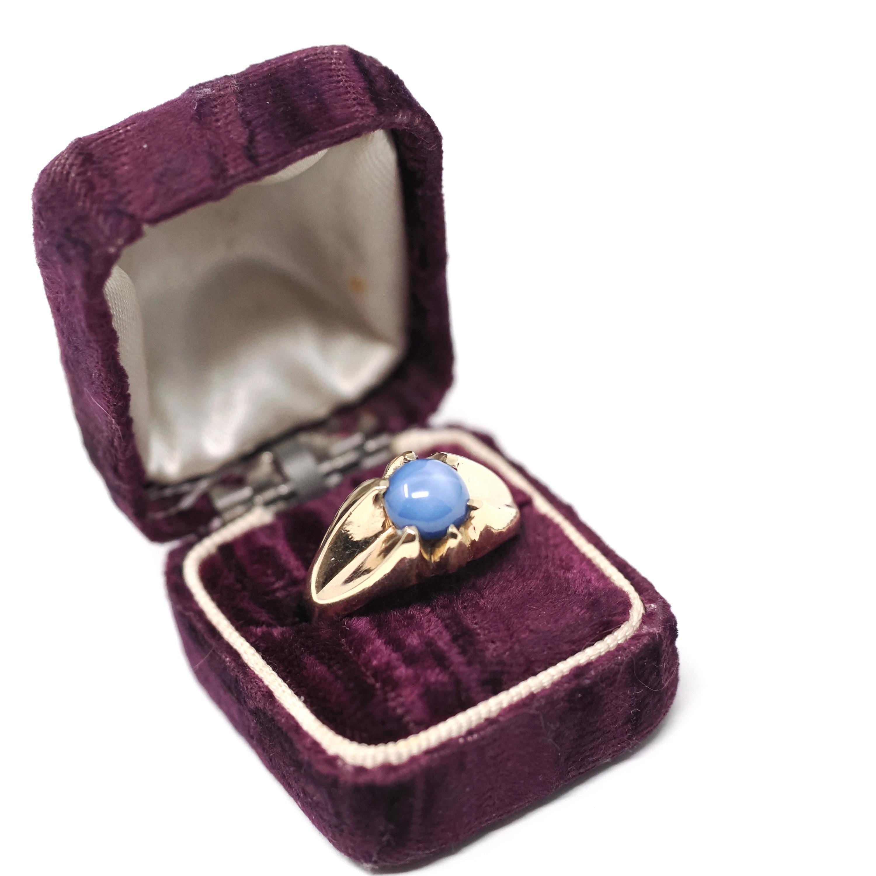 Created Star Sapphire Ring - Mid Century 10k Yellow Gold Blue Stone Statement - Vintage Circa 1940s Size 8 3/4 September Birthstone Jewelry