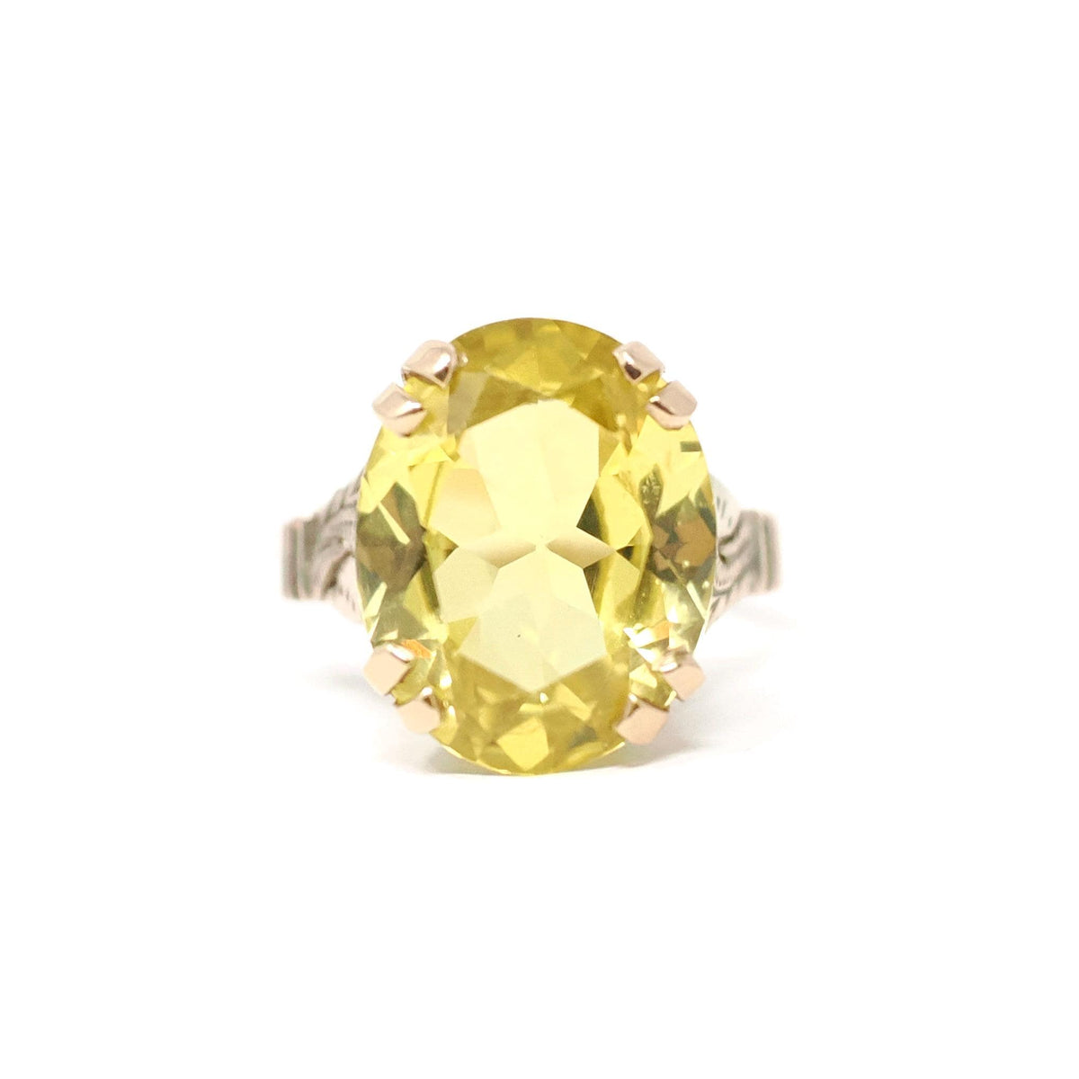 Vintage Created Yellow Sapphire Ring - Retro 10k Rosy Yellow Gold Oval Solitaire Gemstone - Circa 1940s Size 5 1/4 Statement Fine Jewelry