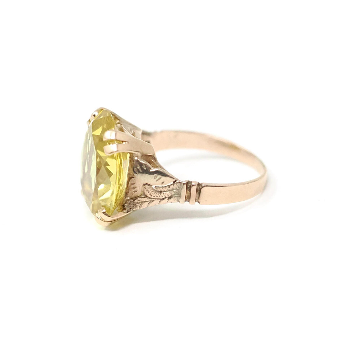 Vintage Created Yellow Sapphire Ring - Retro 10k Rosy Yellow Gold Oval Solitaire Gemstone - Circa 1940s Size 5 1/4 Statement Fine Jewelry