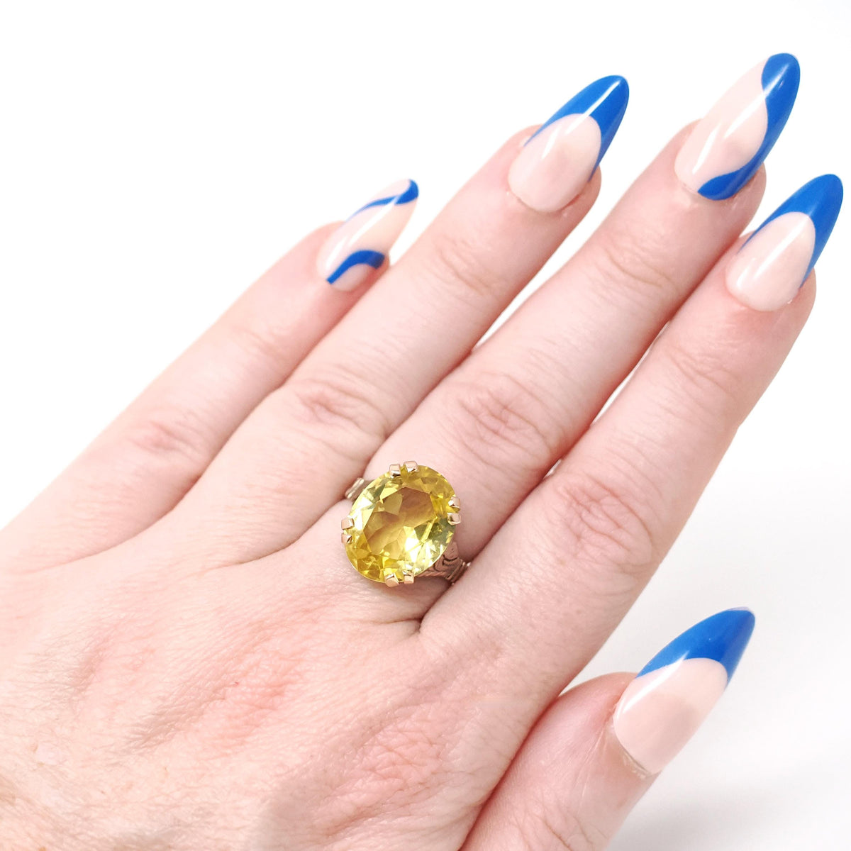 Vintage Created Yellow Sapphire Ring - Retro 10k Rosy Yellow Gold Oval Solitaire Gemstone - Circa 1940s Size 5 1/4 Statement Fine Jewelry