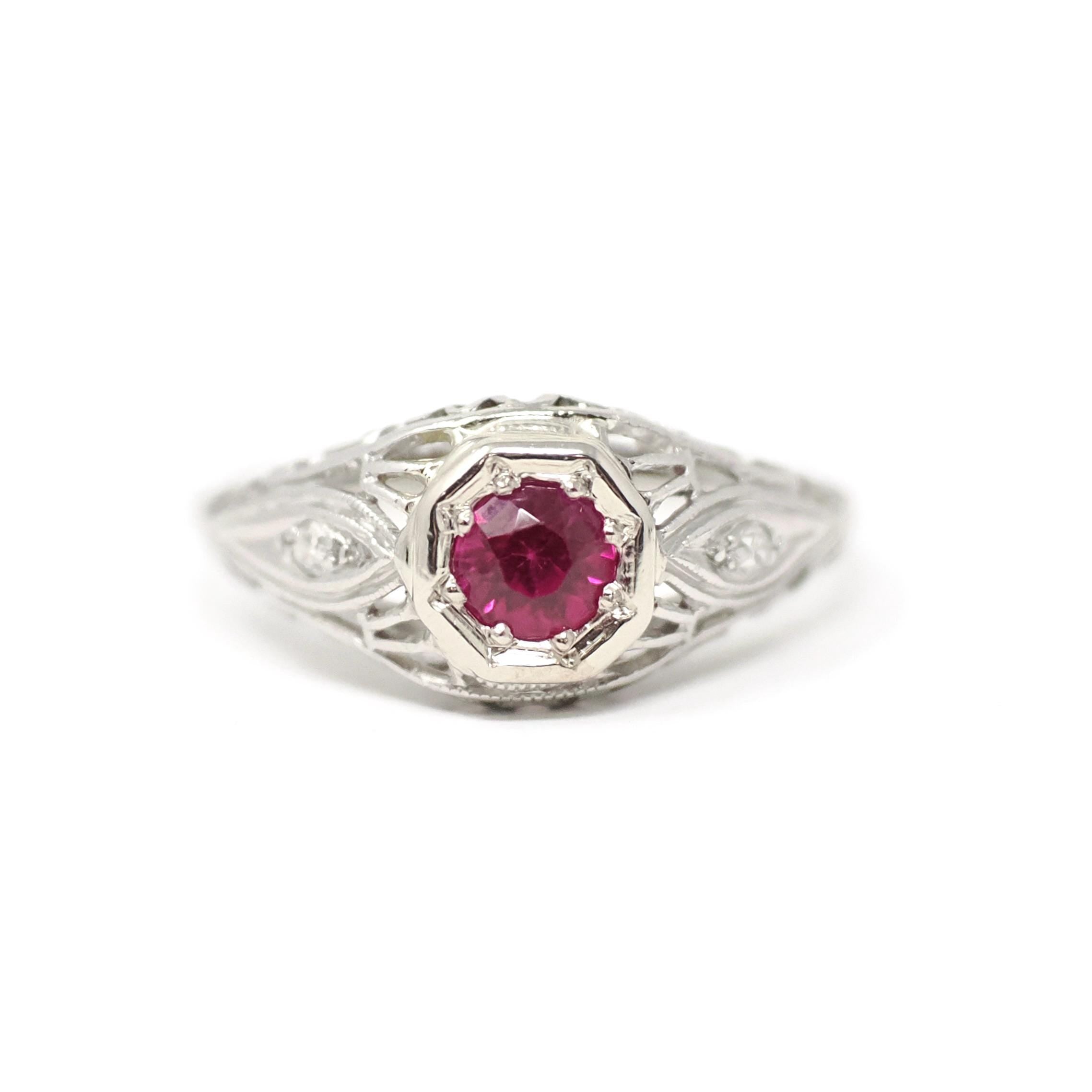 Art Deco Ring - Vintage Platinum 14k White Gold Red Created Ruby & Diamonds - Circa 1930s Era Size 7 July Birthstone Fine Filigree Jewelry