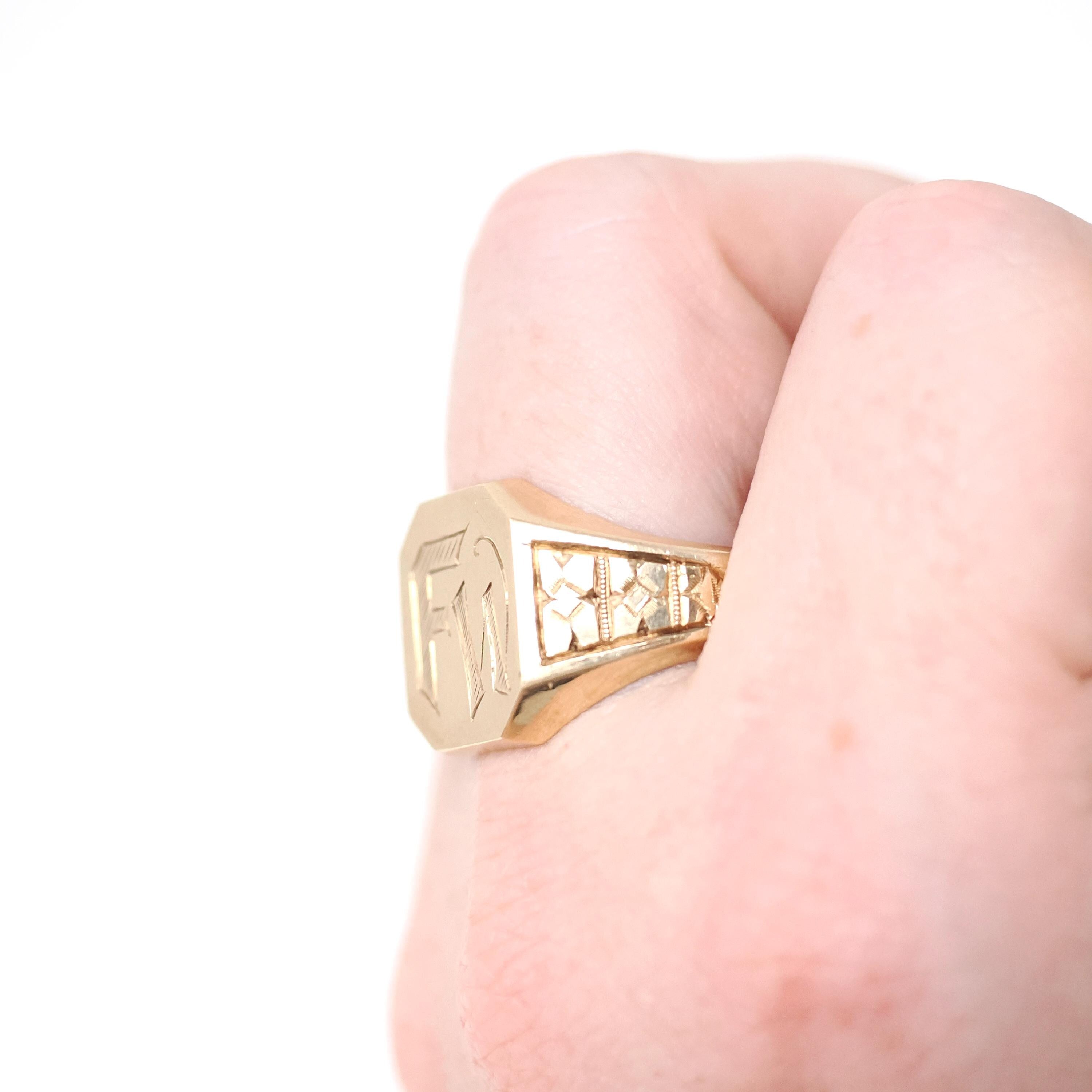 Antique "FW" Signet Ring - Art Deco 10k Yellow Gold Engraved Letter Initial Men's Unisex Statement - Vintage 1920s Size 11 1/4 Fine Jewelry
