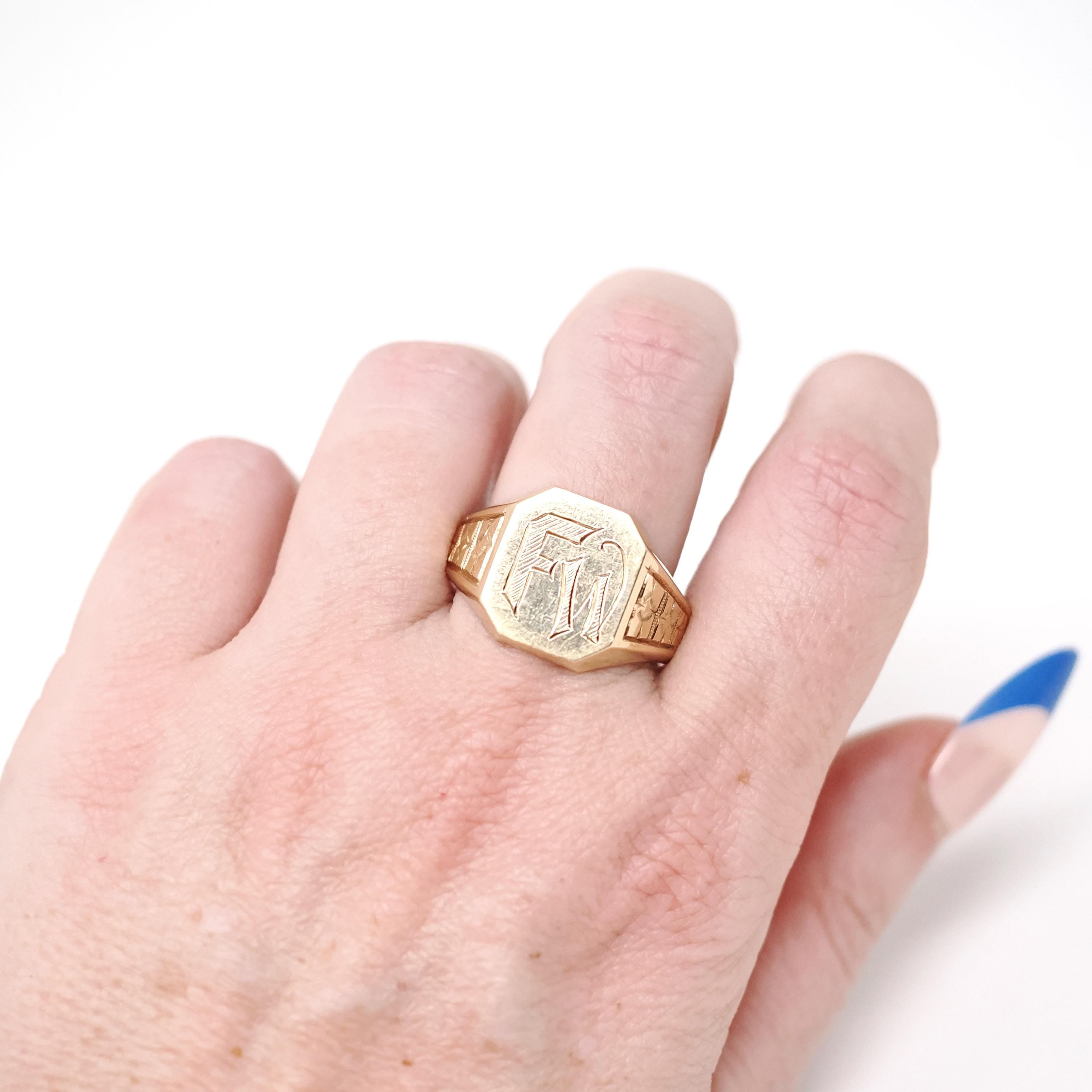 Antique "FW" Signet Ring - Art Deco 10k Yellow Gold Engraved Letter Initial Men's Unisex Statement - Vintage 1920s Size 11 1/4 Fine Jewelry