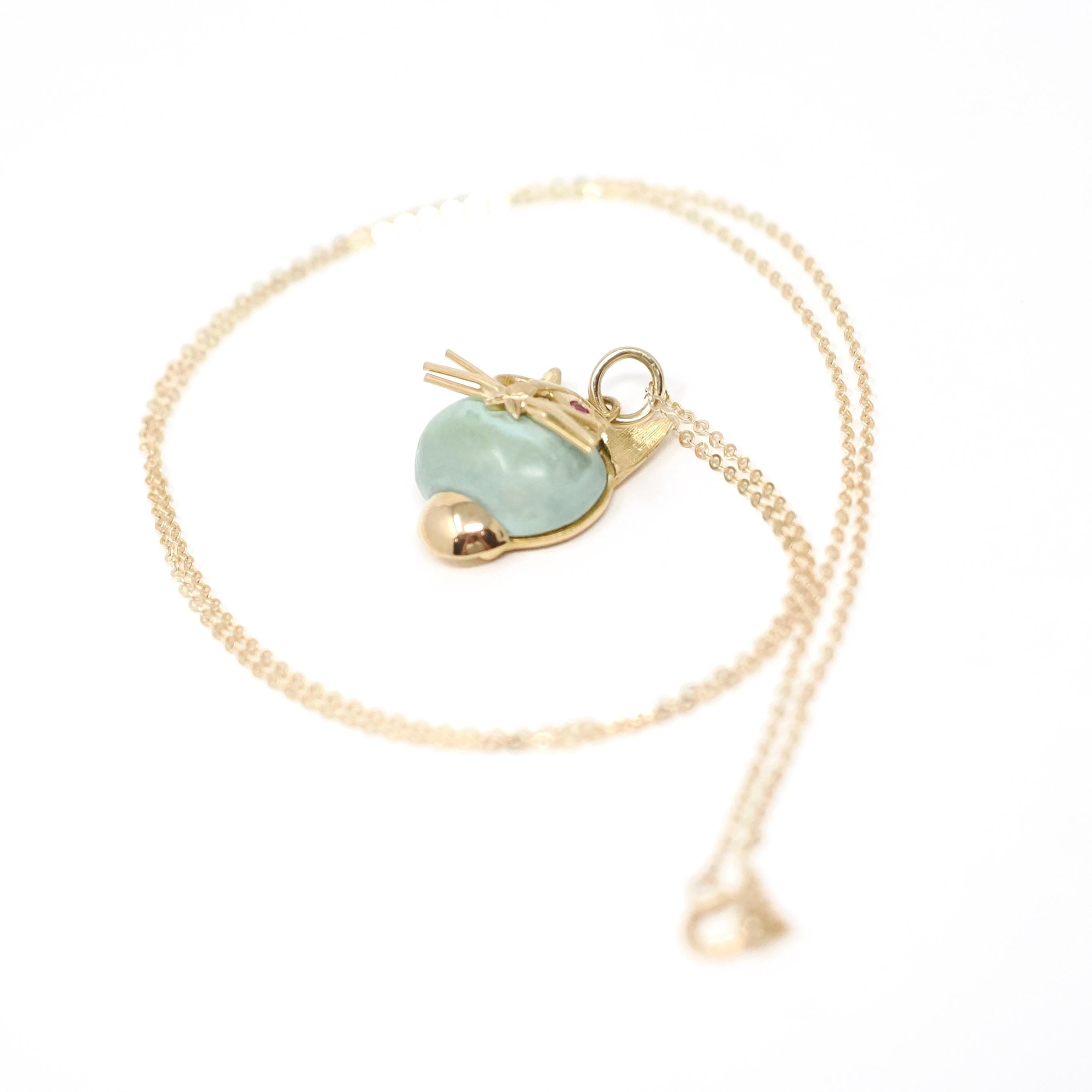 Vintage Cat Pendant - Retro 18k Yellow Gold Large Turquoise & Created Pink Sapphires Charm Necklace - Circa 1960s Animal Fine Feline Jewelry