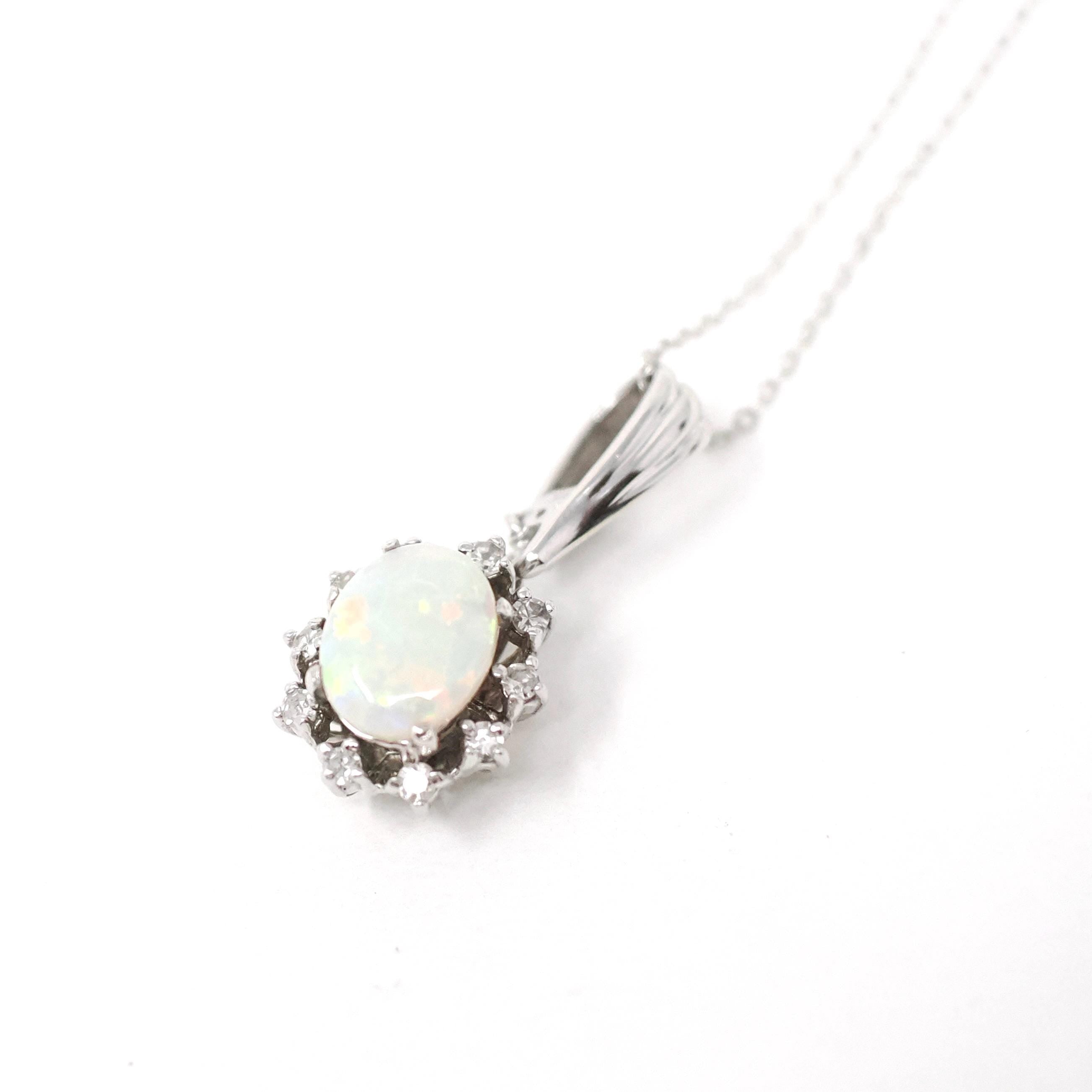 Opal & Diamond Necklace - Estate 14k White Gold Natural .30 CTW Halo Cluster Pendant - Modern Circa 2000s Era October Birthstone Jewelry