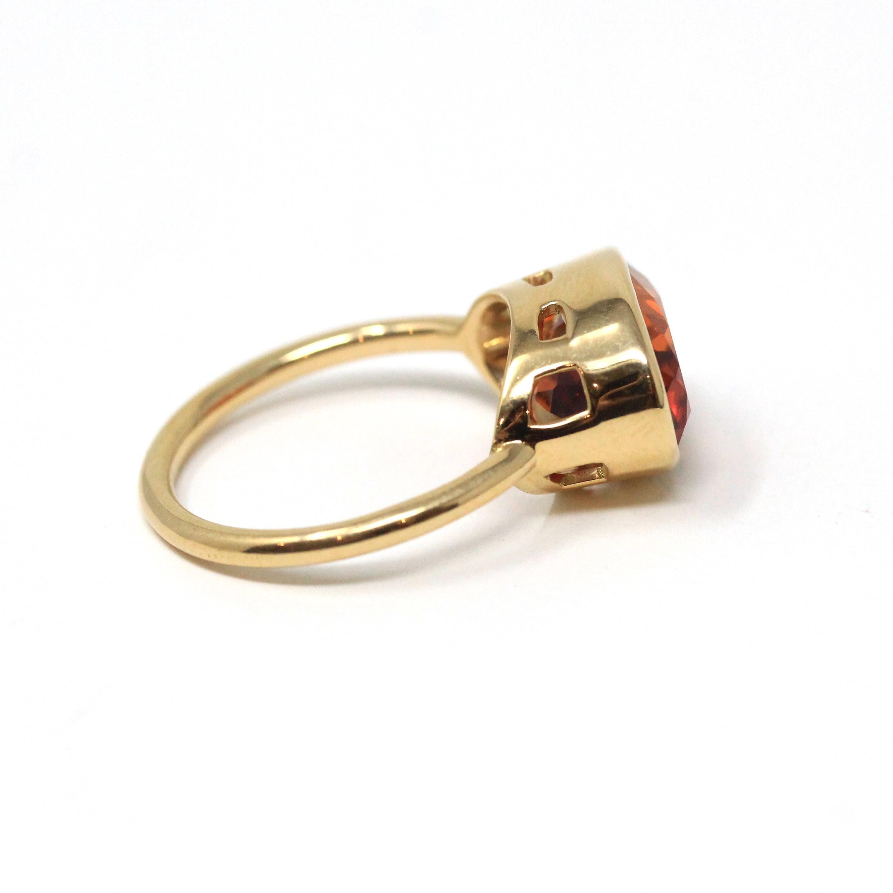Spessartine Garnet Ring - 18k Yellow Gold Bezel Set Genuine Orange Red Gemstone - Modern Size 6 Statement Fine Cocktail East West Jewelry