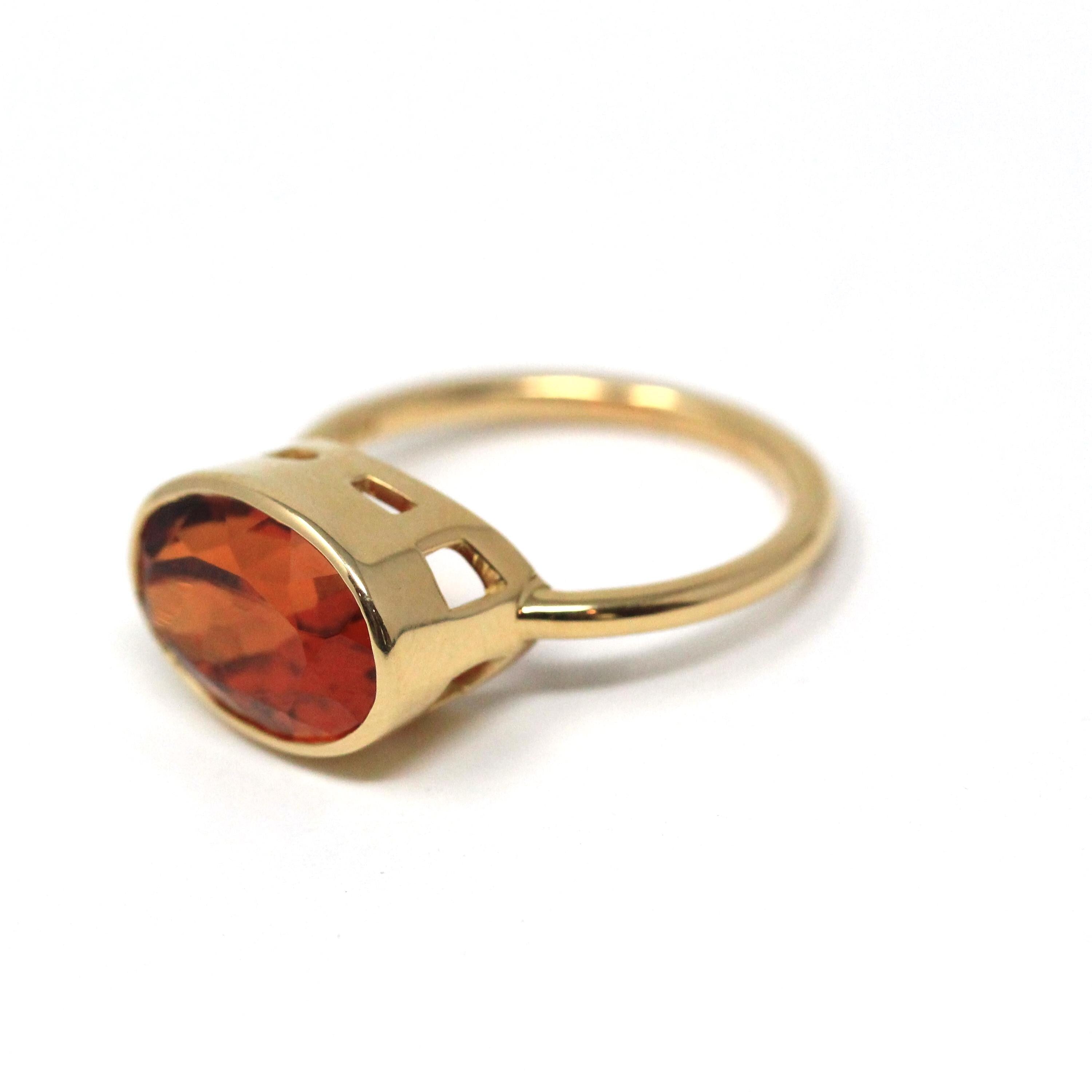 Spessartine Garnet Ring - 18k Yellow Gold Bezel Set Genuine Orange Red Gemstone - Modern Size 6 Statement Fine Cocktail East West Jewelry