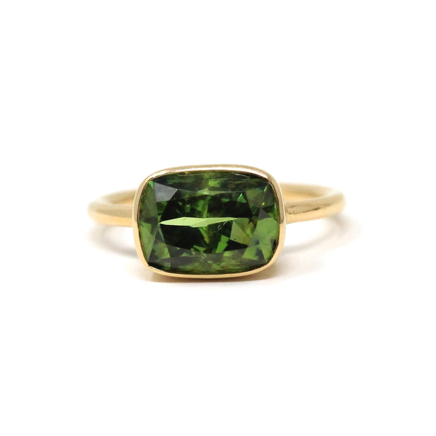 Modern Sphene Ring - 18k Yellow Gold Bezel Set Natural Genuine Green Gemstone - Size 6 Statement Fine Cocktail East West Cocktail Jewelry