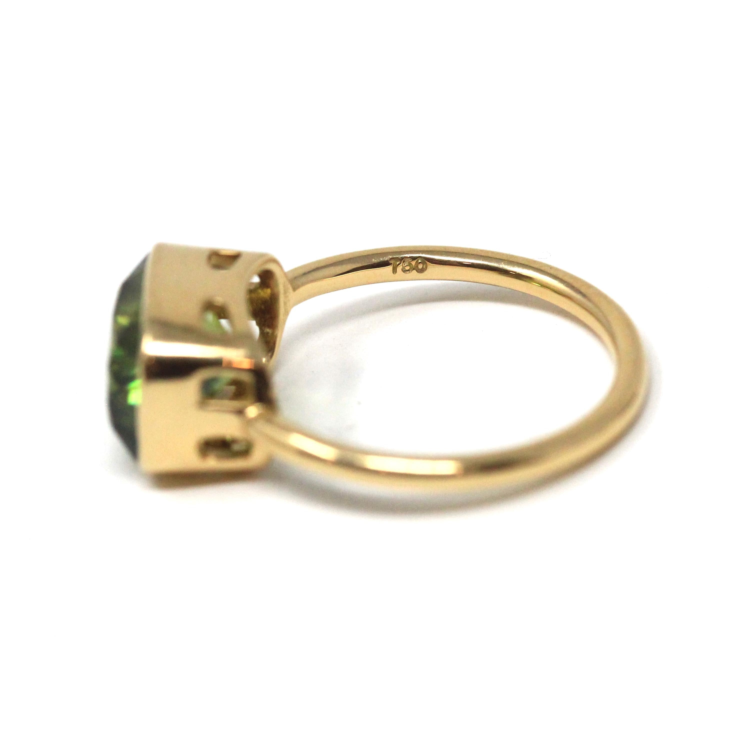Modern Sphene Ring - 18k Yellow Gold Bezel Set Natural Genuine Green Gemstone - Size 6 Statement Fine Cocktail East West Cocktail Jewelry