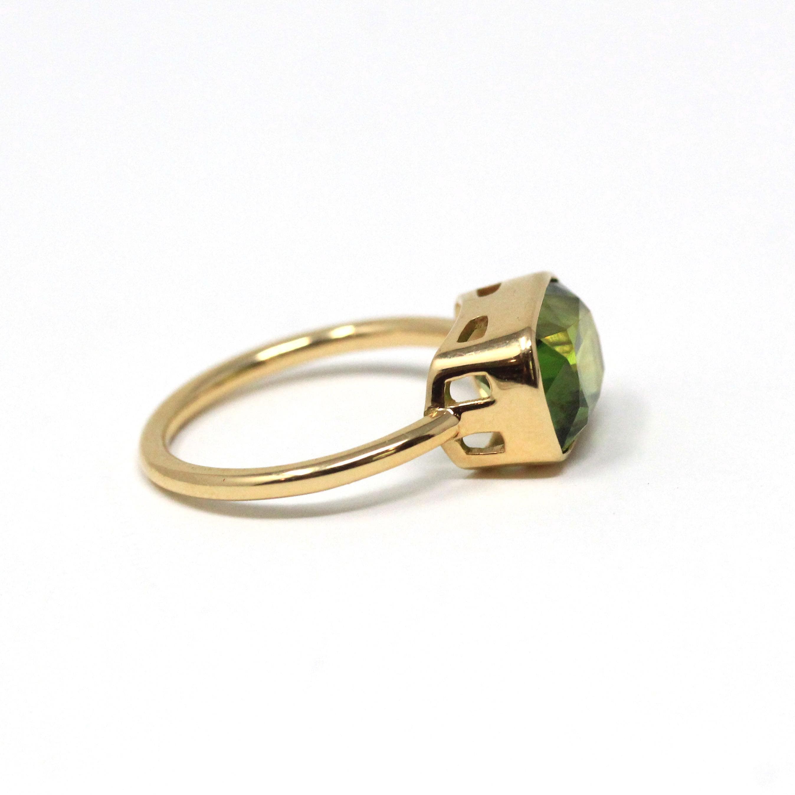 Modern Sphene Ring - 18k Yellow Gold Bezel Set Natural Genuine Green Gemstone - Size 6 Statement Fine Cocktail East West Cocktail Jewelry