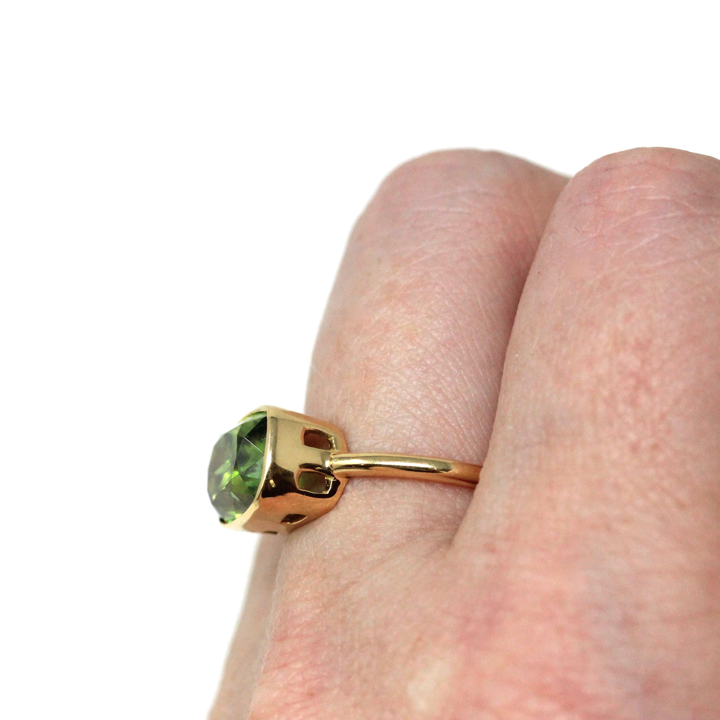 Modern Sphene Ring - 18k Yellow Gold Bezel Set Natural Genuine Green Gemstone - Size 6 Statement Fine Cocktail East West Cocktail Jewelry