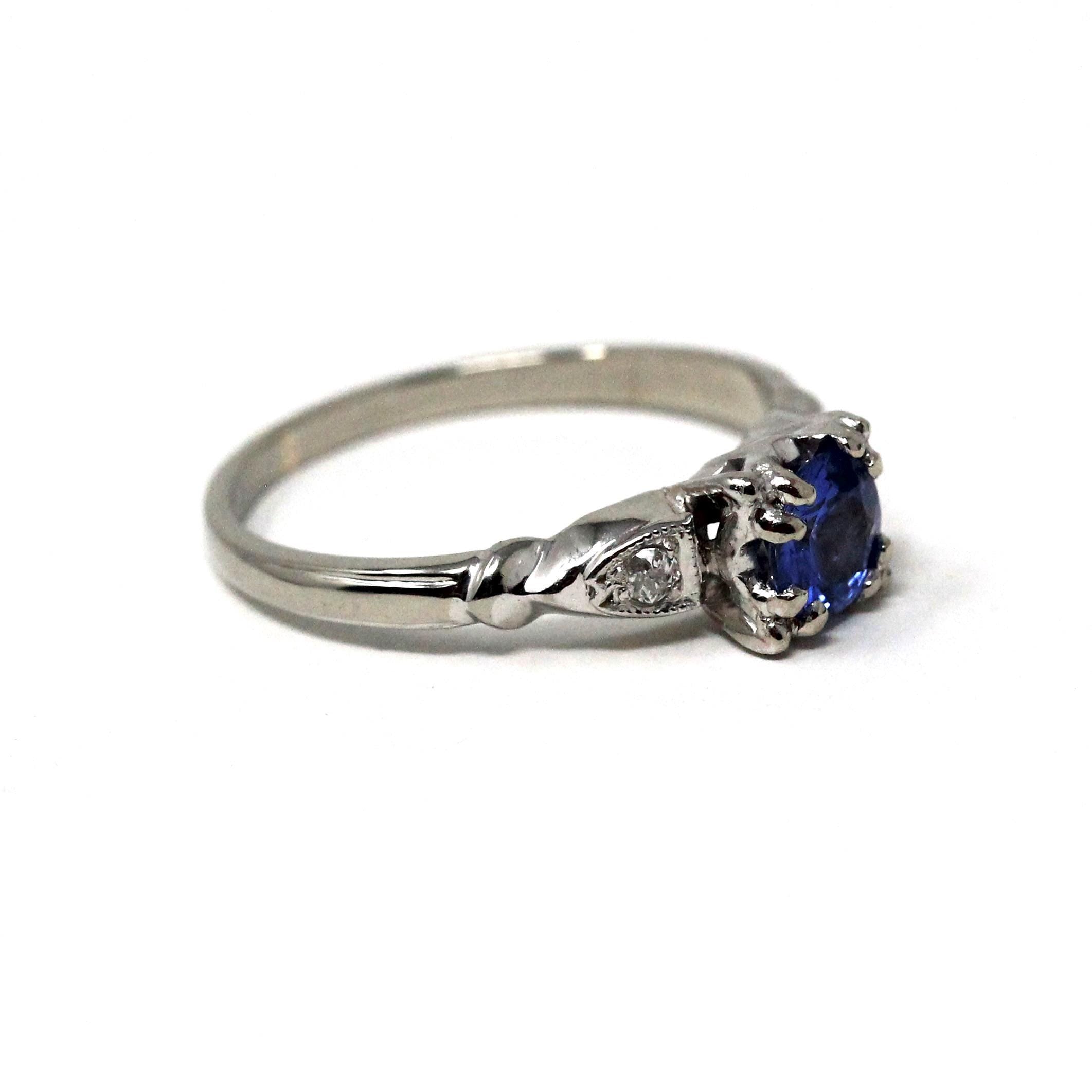 Mid Century Sapphire Ring - Vintage 14k White Gold Platinum Natural Light Blue Diamond Engagement - Circa 1950s Era Size 5 1/2 Fine Jewelry