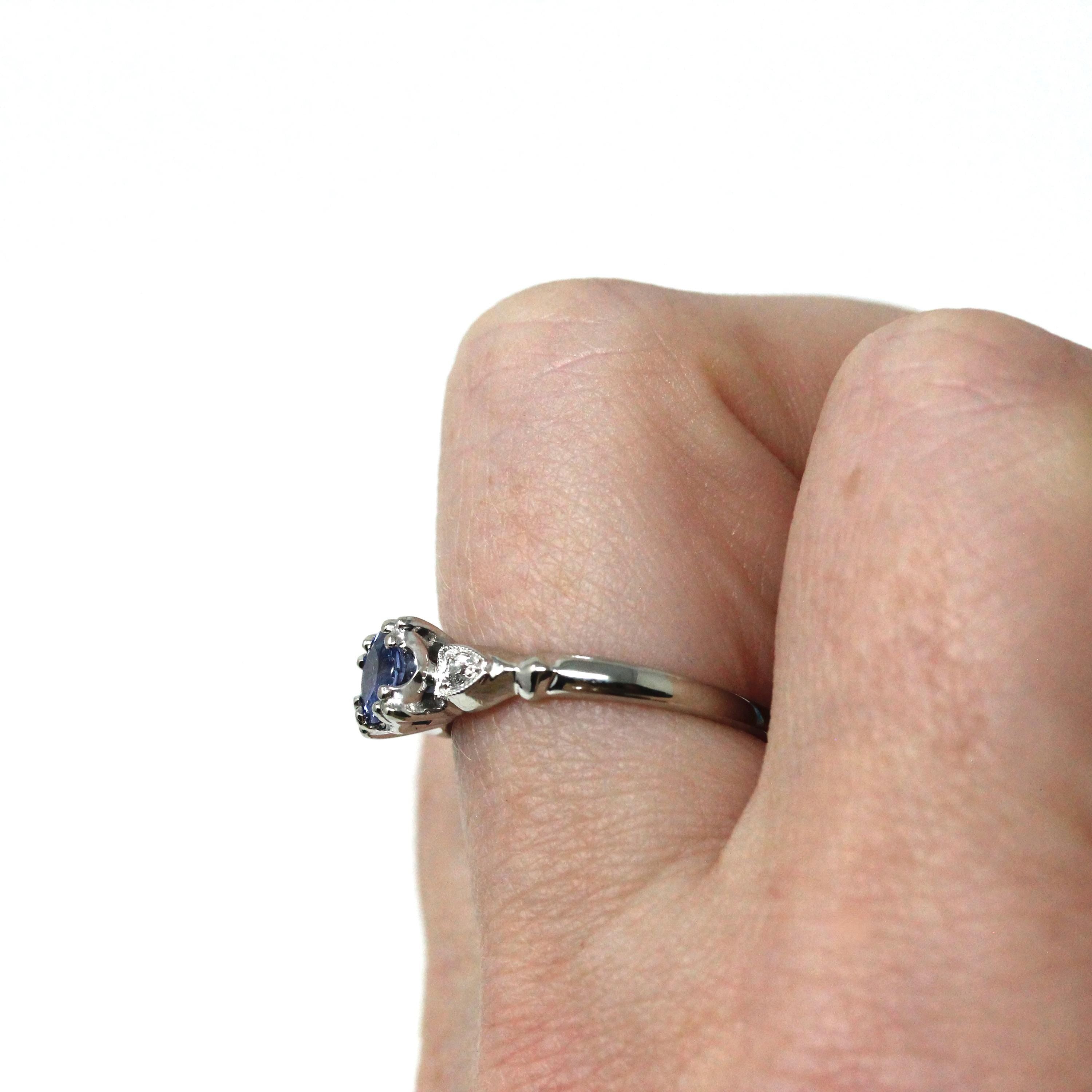 Mid Century Sapphire Ring - Vintage 14k White Gold Platinum Natural Light Blue Diamond Engagement - Circa 1950s Era Size 5 1/2 Fine Jewelry