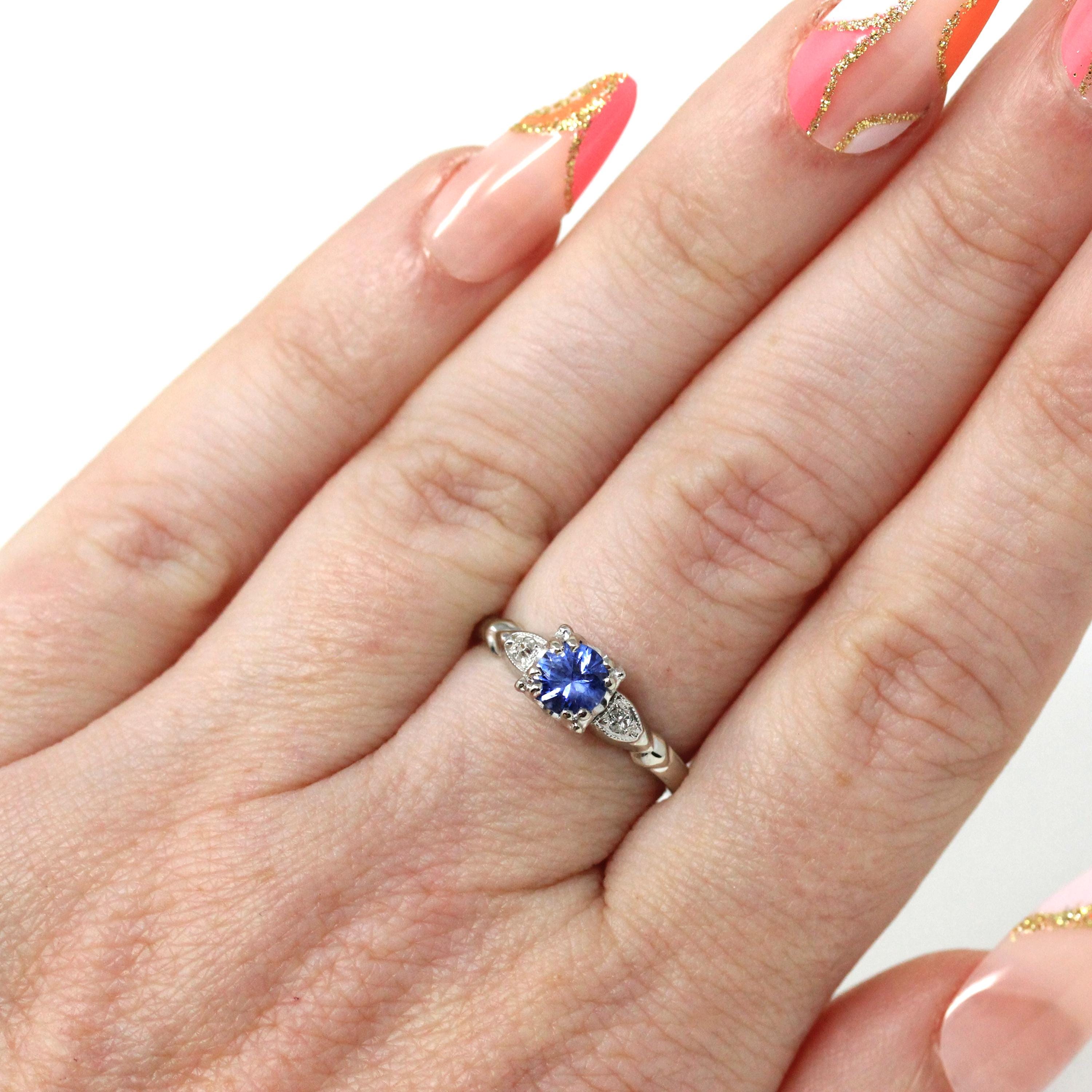 Mid Century Sapphire Ring - Vintage 14k White Gold Platinum Natural Light Blue Diamond Engagement - Circa 1950s Era Size 5 1/2 Fine Jewelry