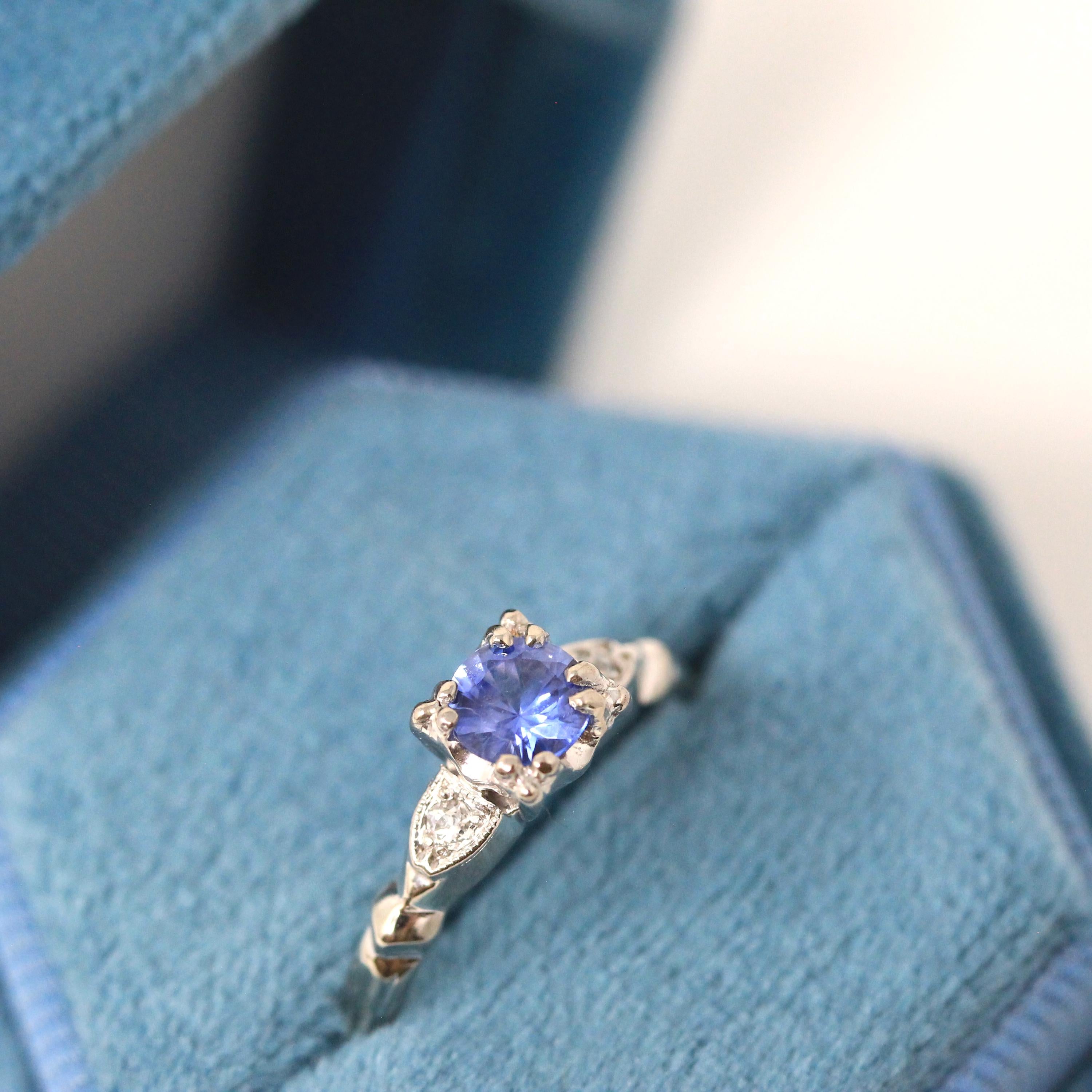 Mid Century Sapphire Ring - Vintage 14k White Gold Platinum Natural Light Blue Diamond Engagement - Circa 1950s Era Size 5 1/2 Fine Jewelry