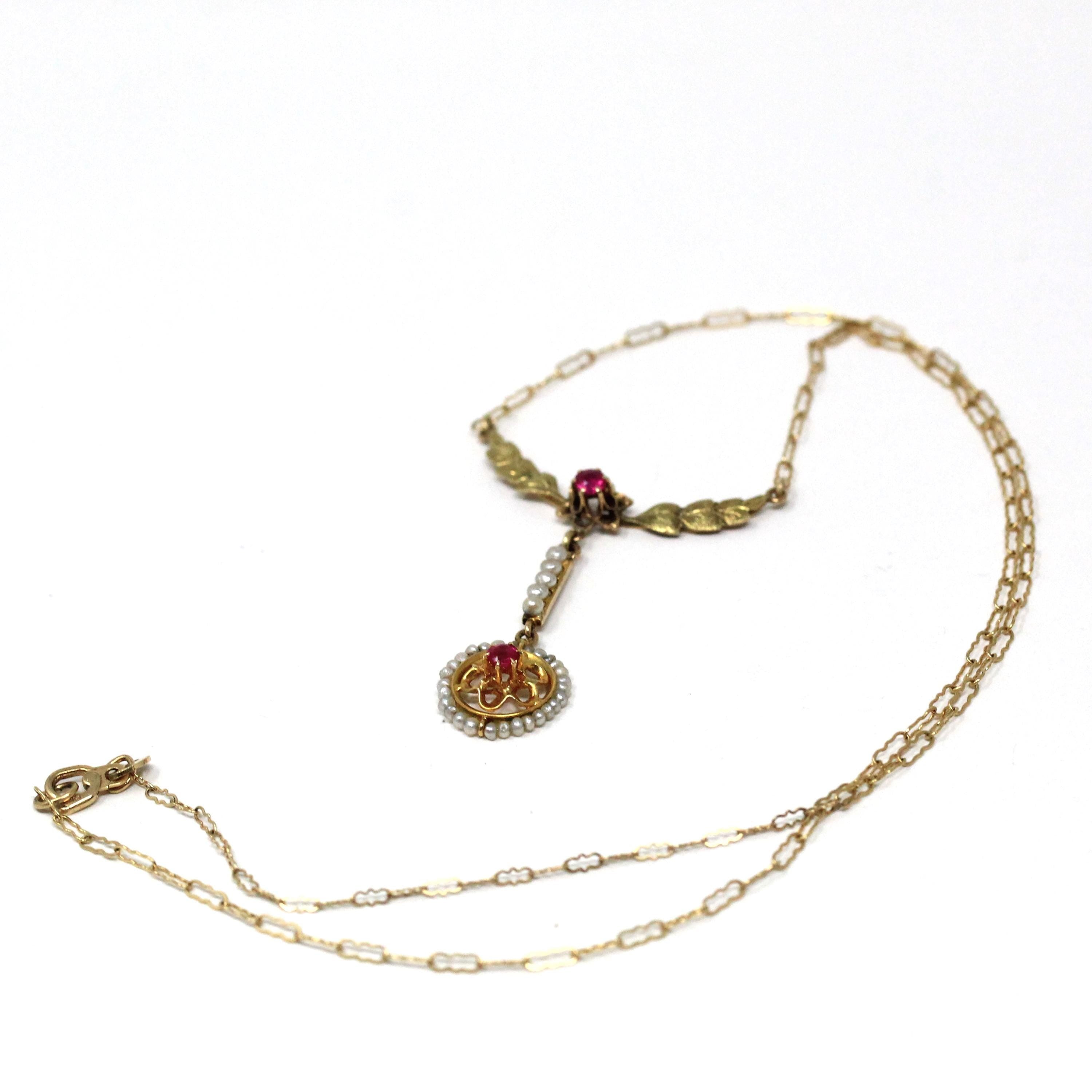 Antique Lavalier Necklace - Edwardian 10k Yellow Gold Created Ruby Seed Pearl Pendant Charm - Circa 1910s Floral Leaf Flower Fine Jewelry