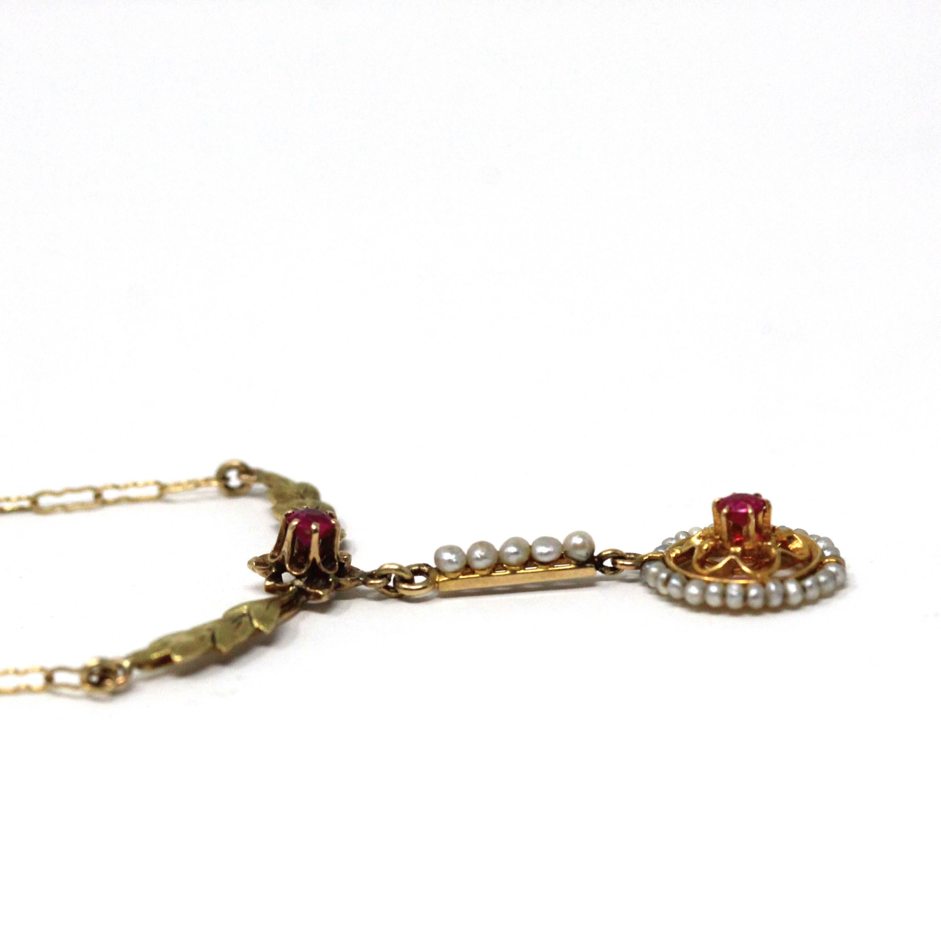 Antique Lavalier Necklace - Edwardian 10k Yellow Gold Created Ruby Seed Pearl Pendant Charm - Circa 1910s Floral Leaf Flower Fine Jewelry
