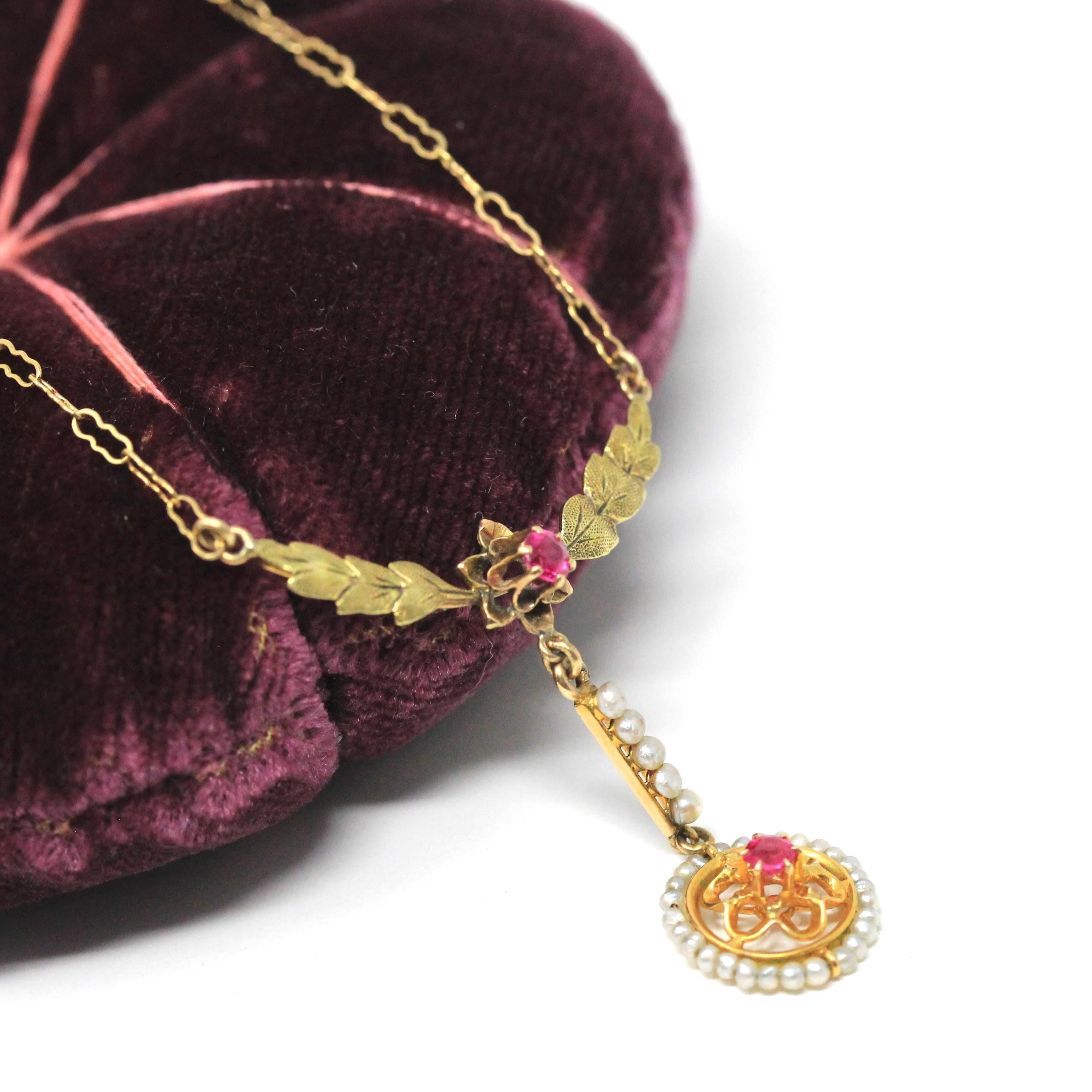 Antique Lavalier Necklace - Edwardian 10k Yellow Gold Created Ruby Seed Pearl Pendant Charm - Circa 1910s Floral Leaf Flower Fine Jewelry