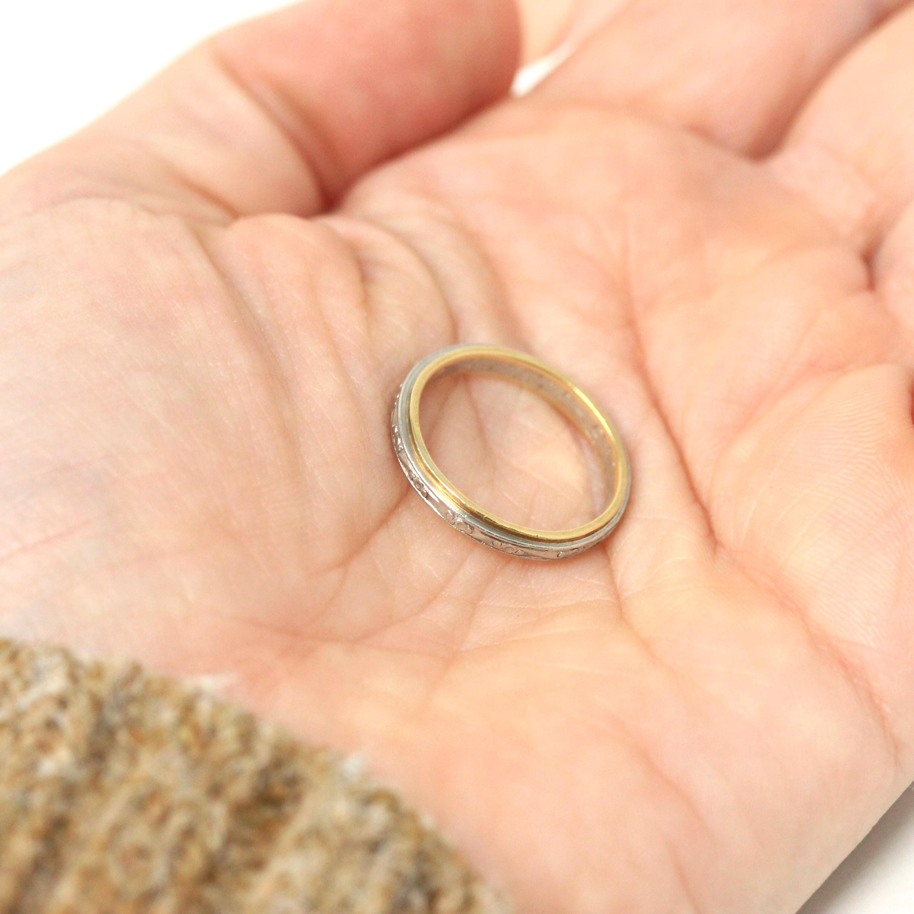 Vintage Two Tone Band - Retro 18k Yellow Gold & Platinum Engraved Floral Designs - Dated 1963 Size 5 1/2 Wedding Unisex Fine Bridal Jewelry