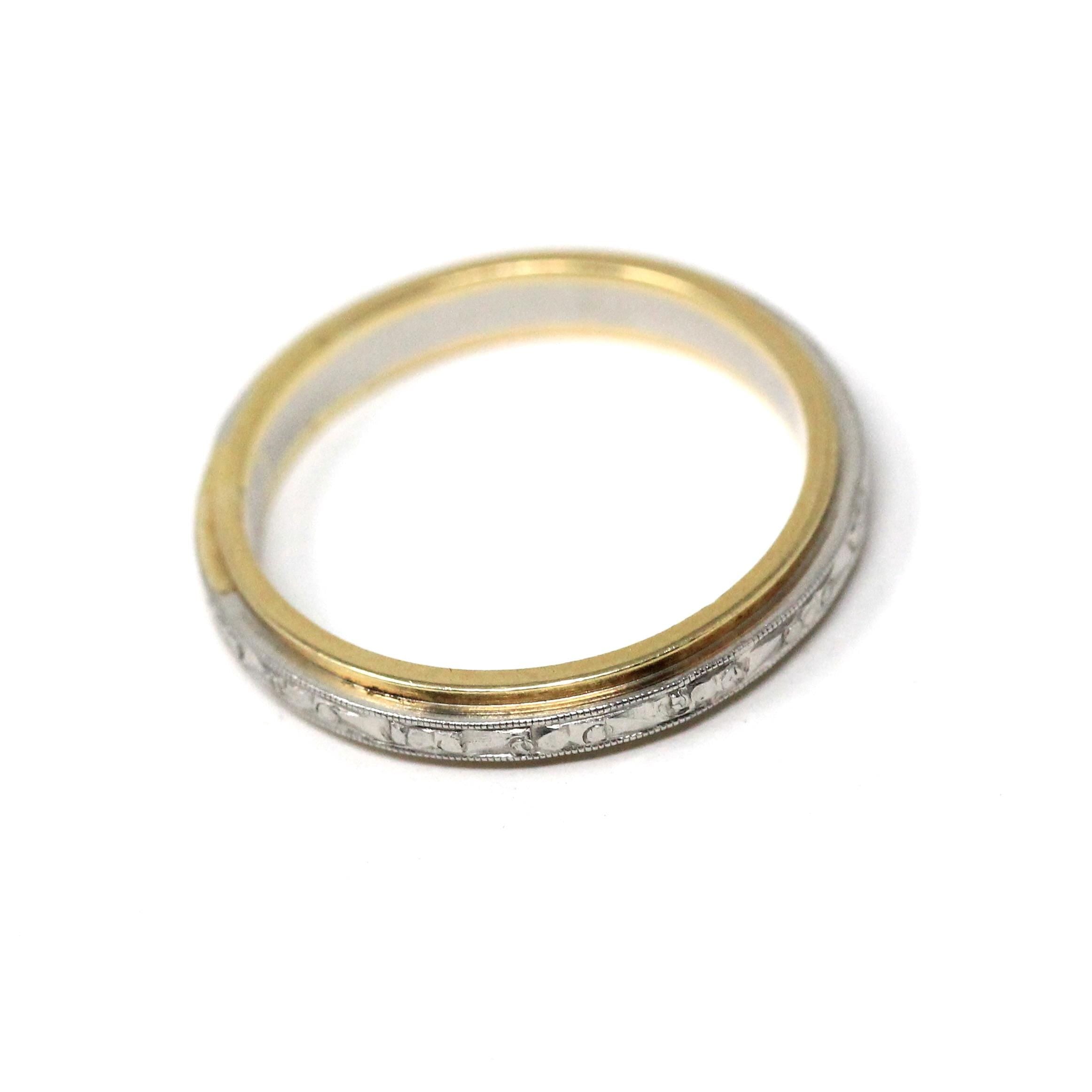 Vintage Two Tone Band - Retro 18k Yellow Gold & Platinum Engraved Floral Designs - Circa 1960s Size 5 1/2 Wedding Unisex Fine Bridal Jewelry