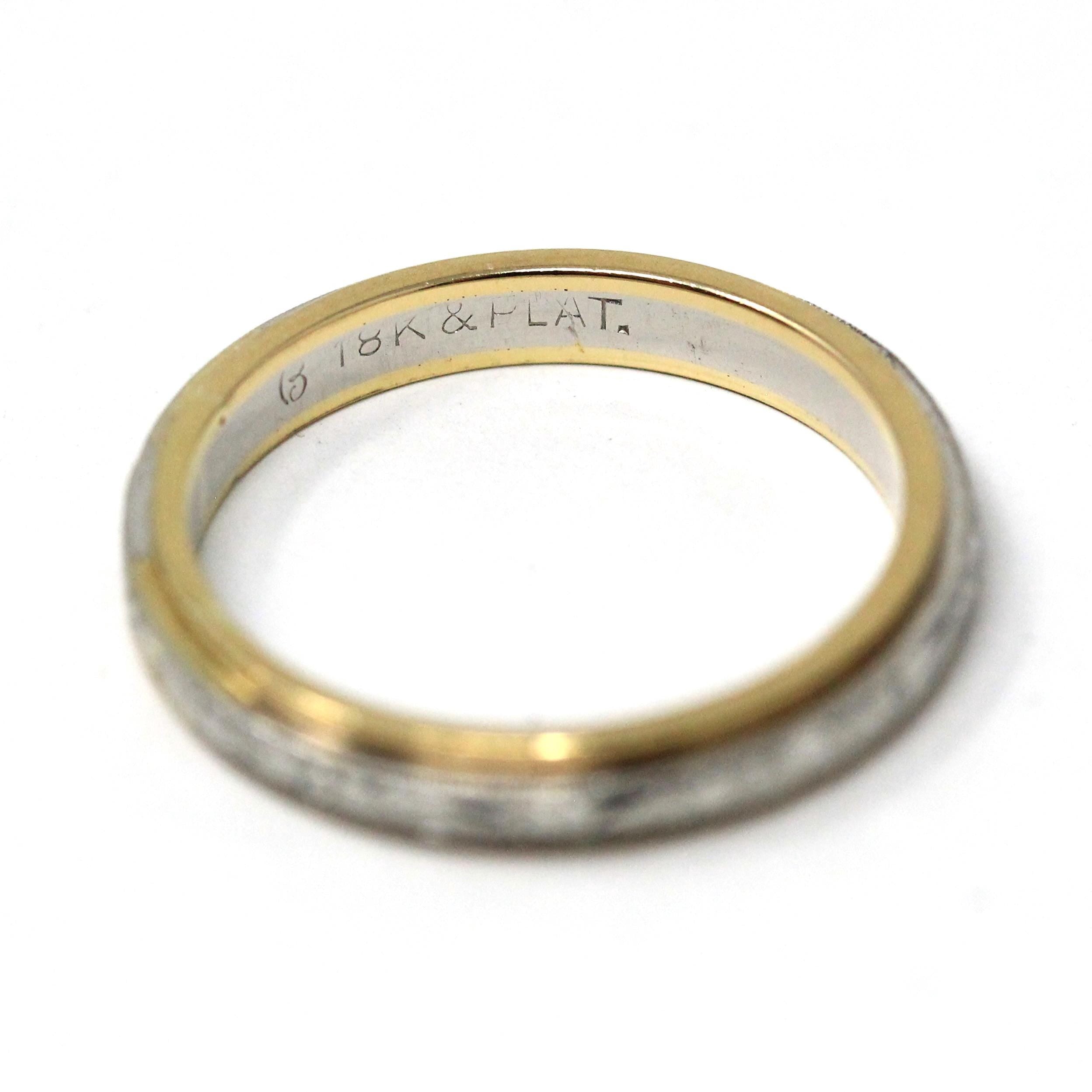 Vintage Two Tone Band - Retro 18k Yellow Gold & Platinum Engraved Floral Designs - Circa 1960s Size 5 1/2 Wedding Unisex Fine Bridal Jewelry