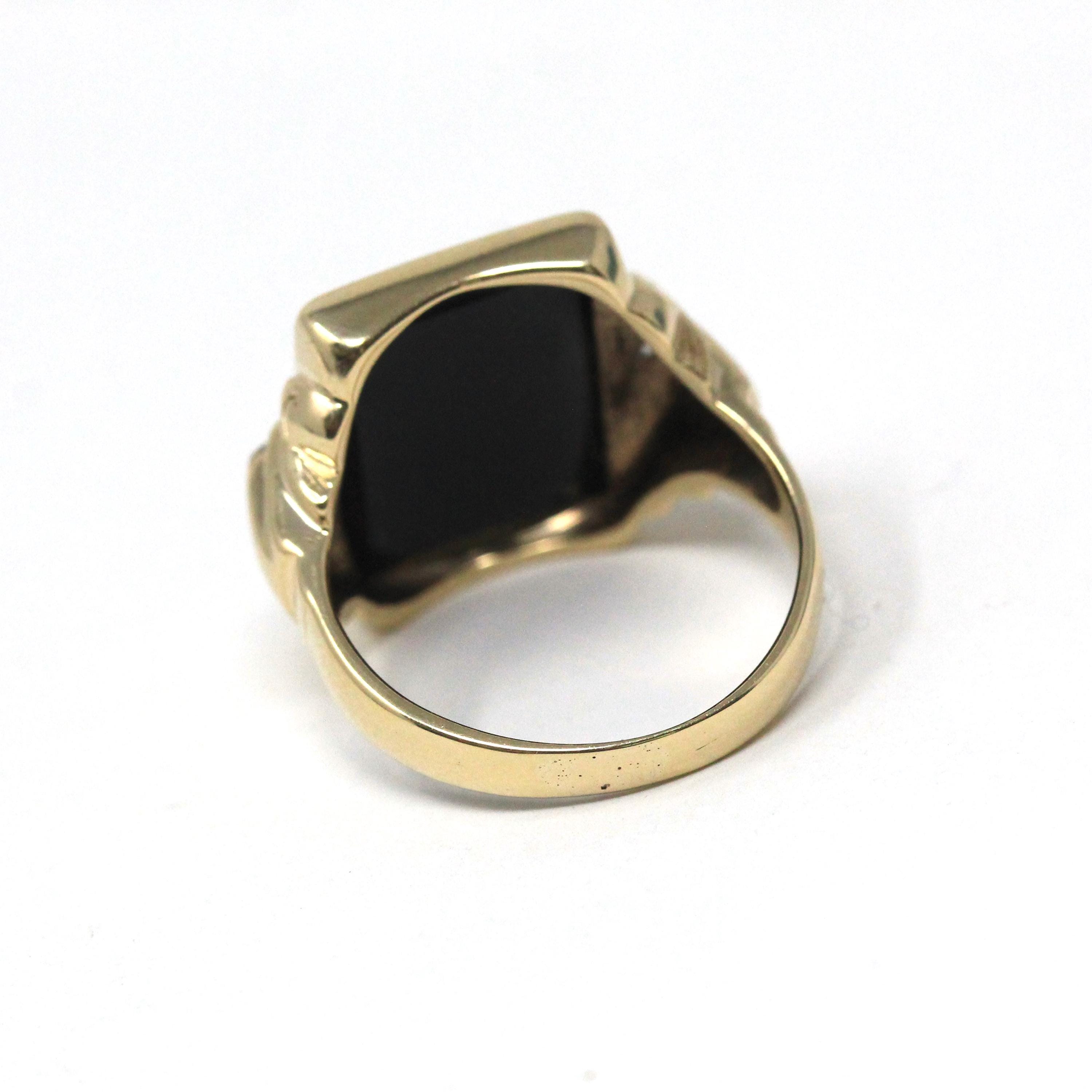 Vintage Warrior Intaglio Ring - Mid Century 10k Gold Carved Black Chalcedony Natural Diamonds - Circa 1940s Size 7 1/2 Unisex Fine Jewelry