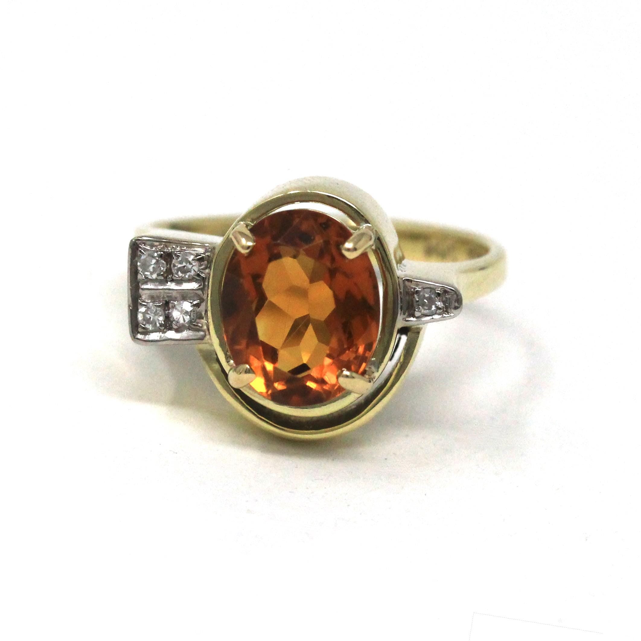 Citrine & Diamond Ring - Retro 14k Yellow And White Gold 2.80 CT Orange Gemstone - Vintage Circa 1960's Size 7 3/4 Fine Statement Jewelry