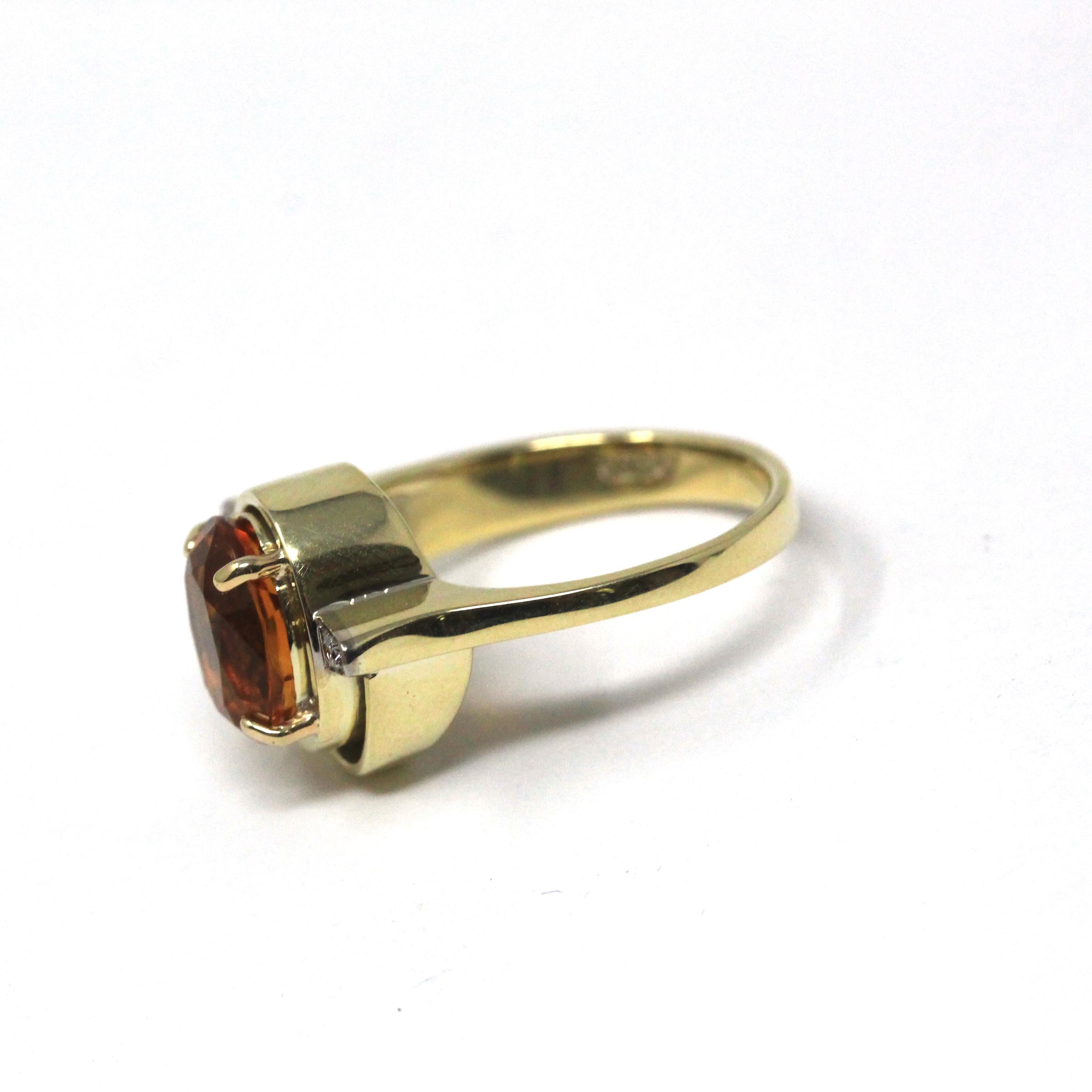 Citrine & Diamond Ring - Retro 14k Yellow And White Gold 2.80 CT Orange Gemstone - Vintage Circa 1960's Size 7 3/4 Fine Statement Jewelry