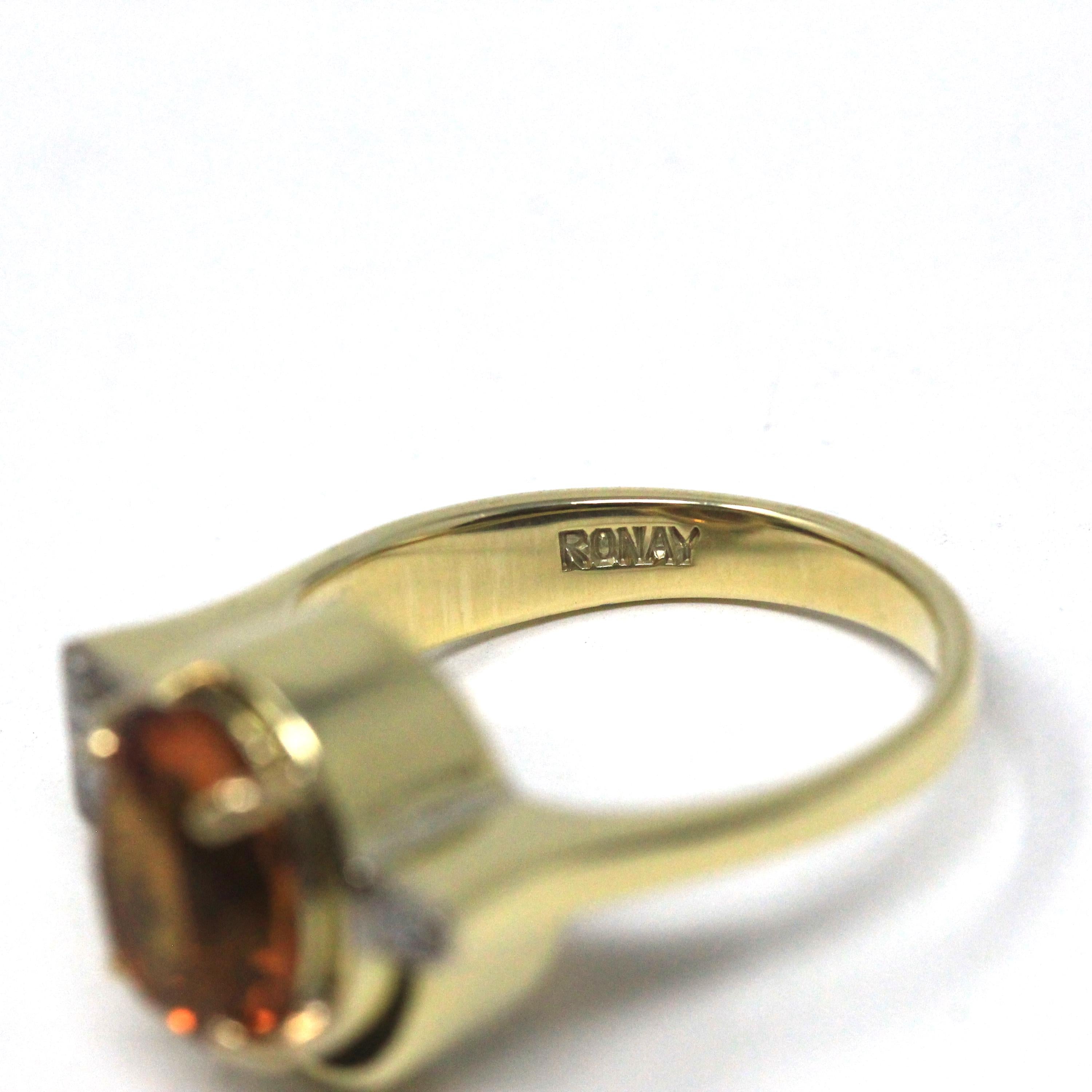 Citrine & Diamond Ring - Retro 14k Yellow And White Gold 2.80 CT Orange Gemstone - Vintage Circa 1960's Size 7 3/4 Fine Statement Jewelry