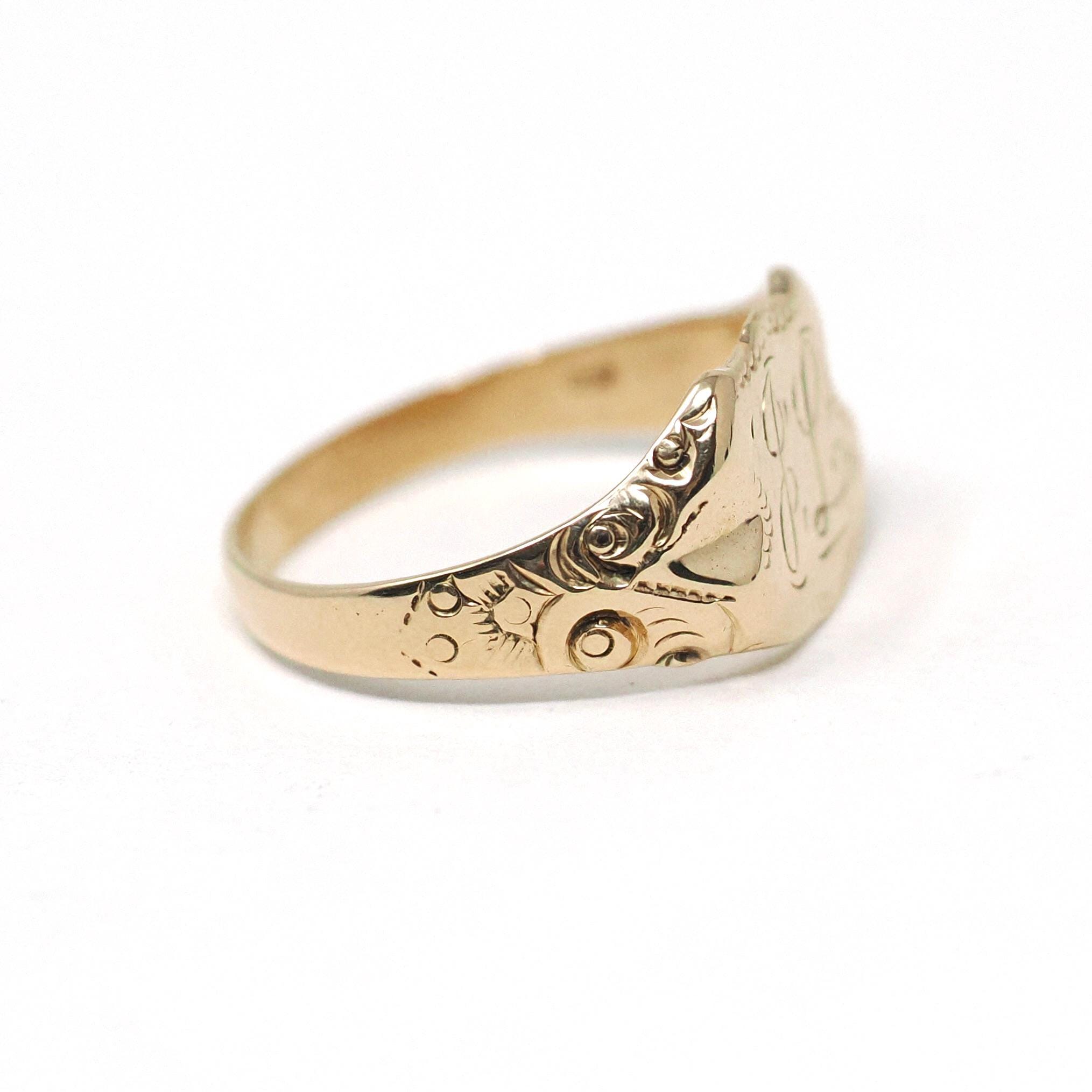 Antique "JL" Signet Ring - Edwardian Era 14k Yellow Gold Script Shield Men's Unisex Statement - Vintage Early 1900s Era Size 12 Fine Jewelry