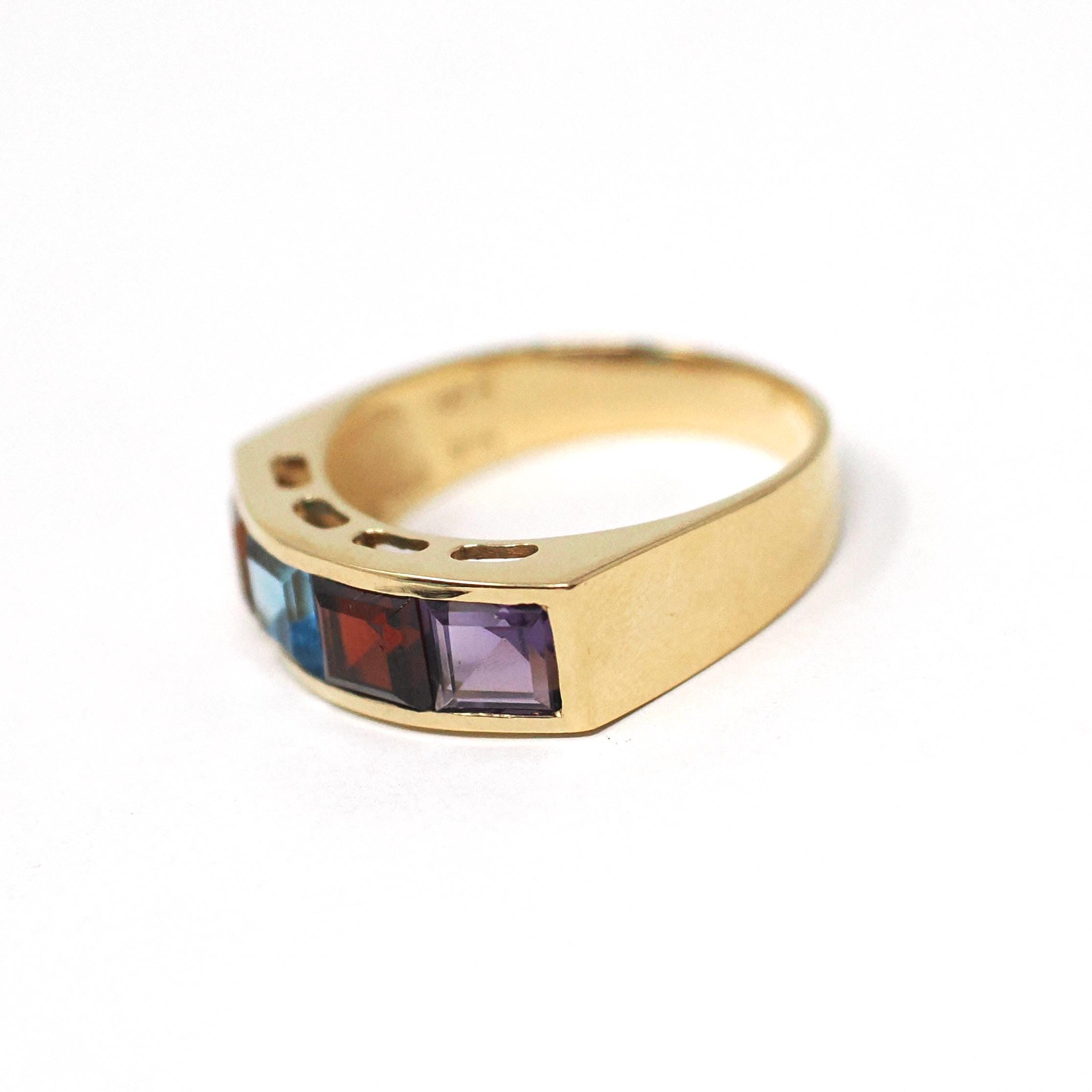 Multi Gemstone Ring - Modern 14k Yellow Gold Natural Citrine Blue Topaz Garnet Amethyst - Estate Circa 2000's Era Size 7 3/4 Fine Jewelry