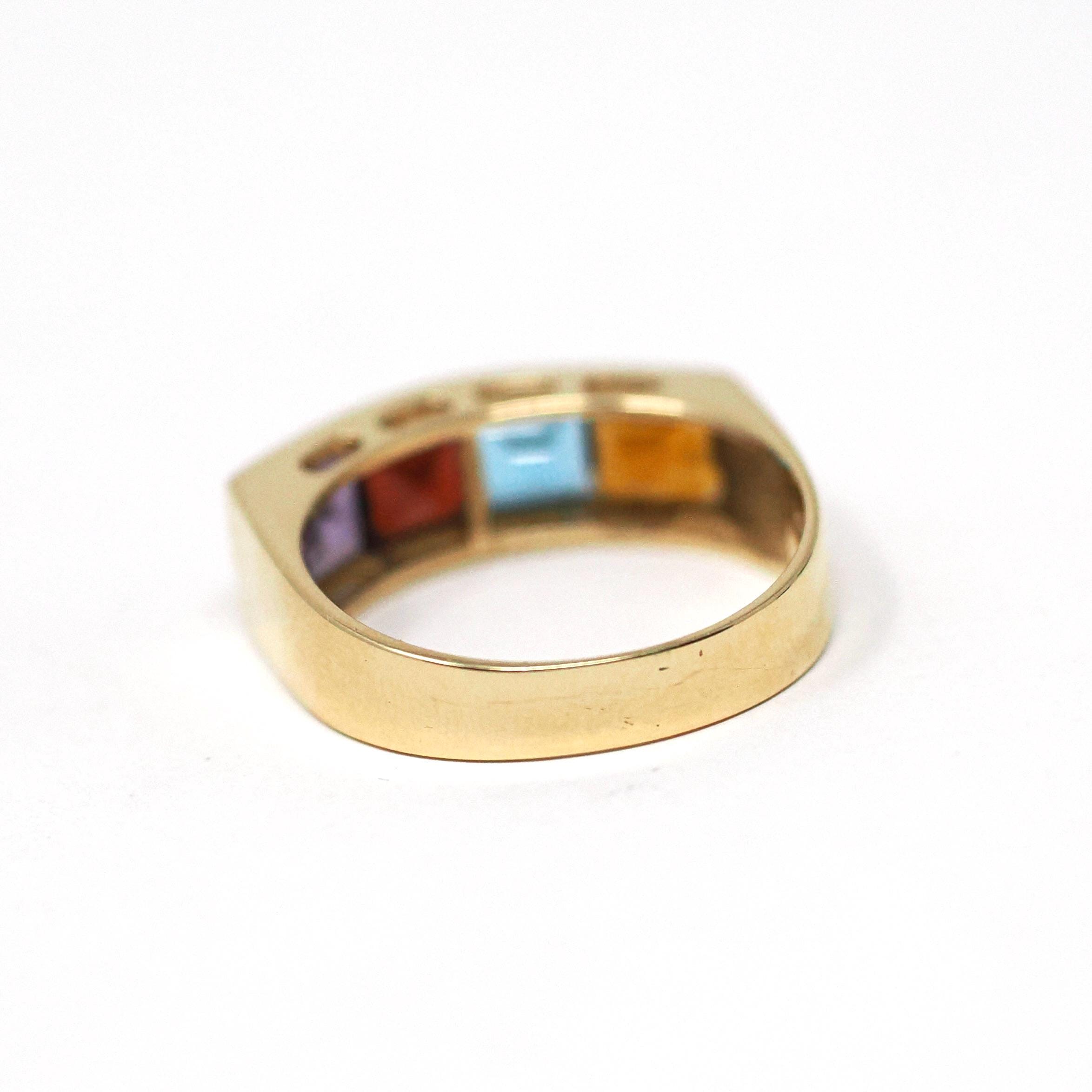 Multi Gemstone Ring - Modern 14k Yellow Gold Natural Citrine Blue Topaz Garnet Amethyst - Estate Circa 2000's Era Size 7 3/4 Fine Jewelry