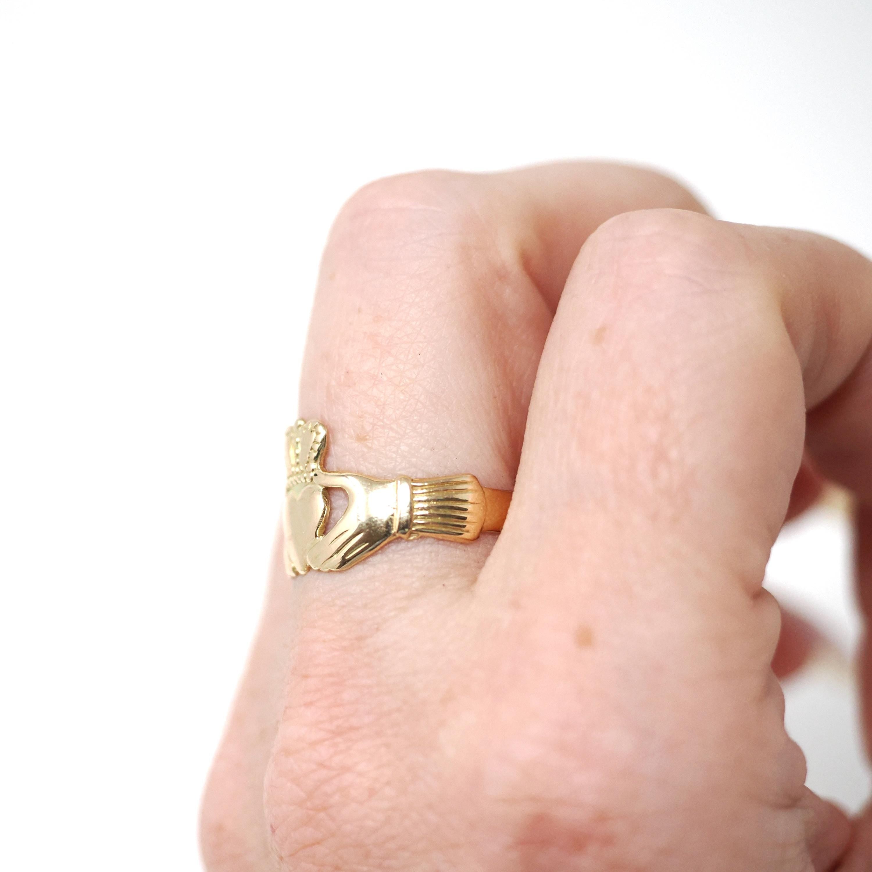 Vintage Claddagh Ring - Irish 14k Yellow Gold Heart Clasped Hands & Crown - Dated 1957 Size 7 1/4 Friendship Love Loyalty Hallmarked Jewelry