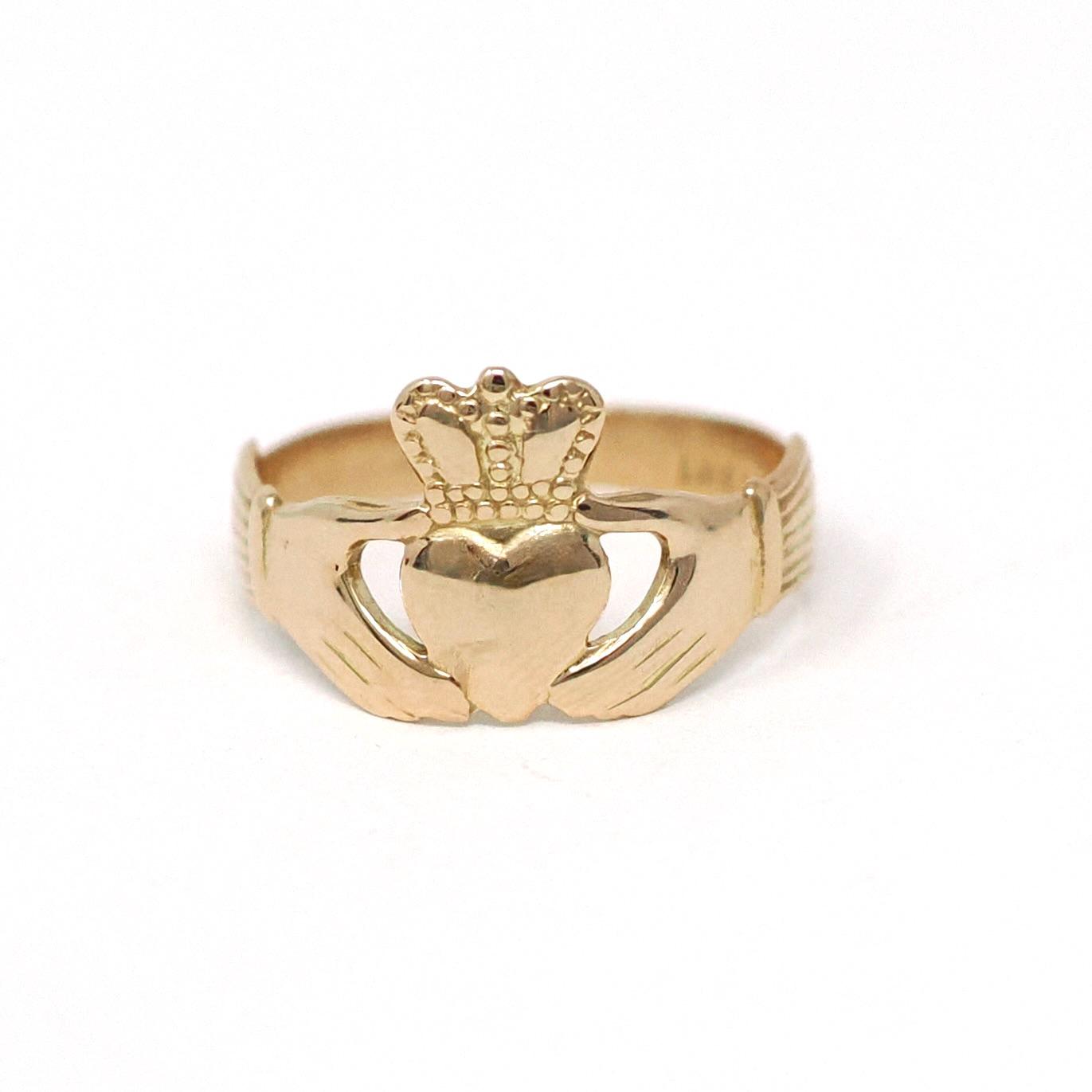 Vintage Claddagh Ring - Irish 14k Yellow Gold Heart Clasped Hands & Crown - Dated 1957 Size 7 1/4 Friendship Love Loyalty Hallmarked Jewelry