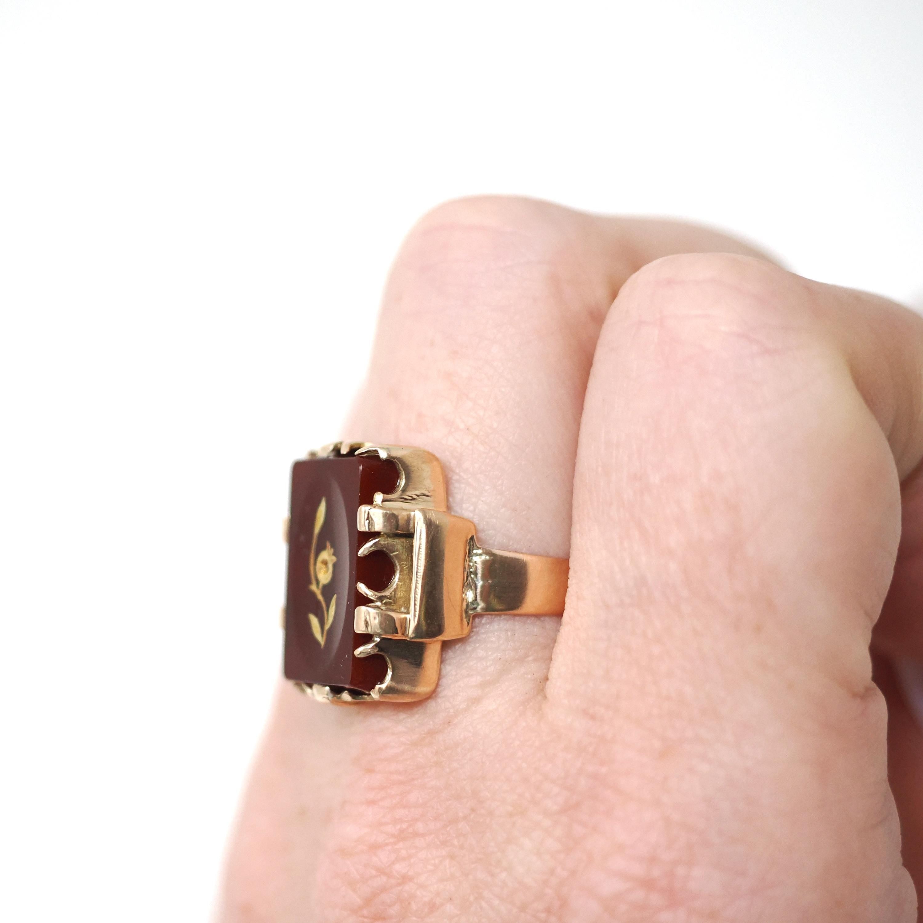 Rose of Sharon Ring - Victorian 14k Rose Gold Natural Sard Dark Red Gem - Antique Circa 1880s Size 6 1/2 Diamond Flower Fine Symbol Jewelry