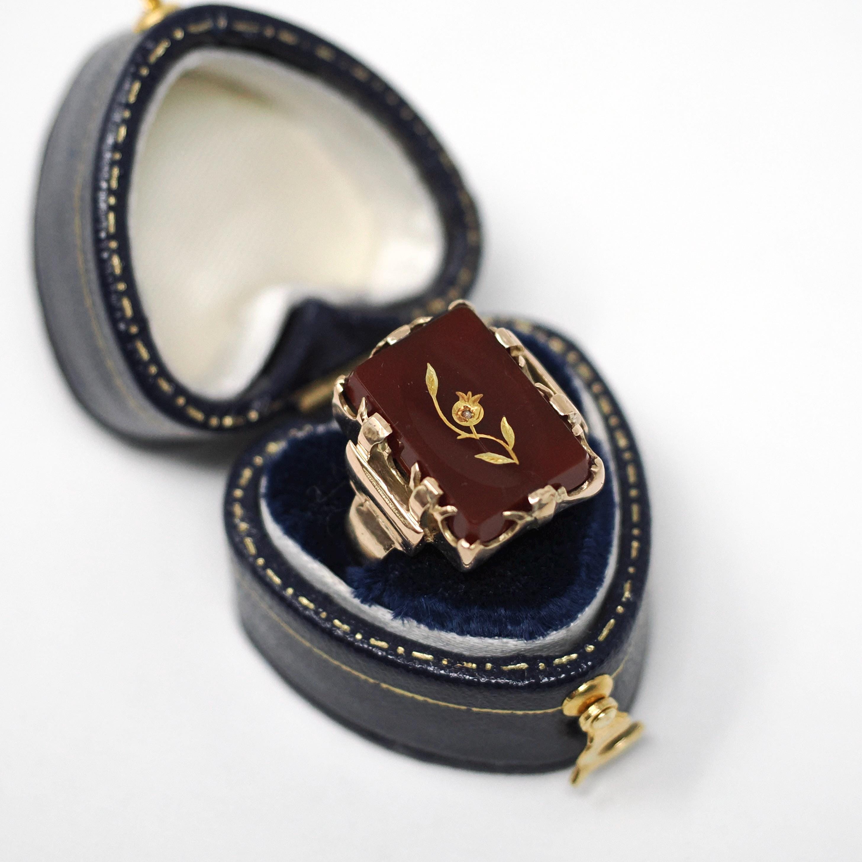 Rose of Sharon Ring - Victorian 14k Rose Gold Natural Sard Dark Red Gem - Antique Circa 1880s Size 6 1/2 Diamond Flower Fine Symbol Jewelry