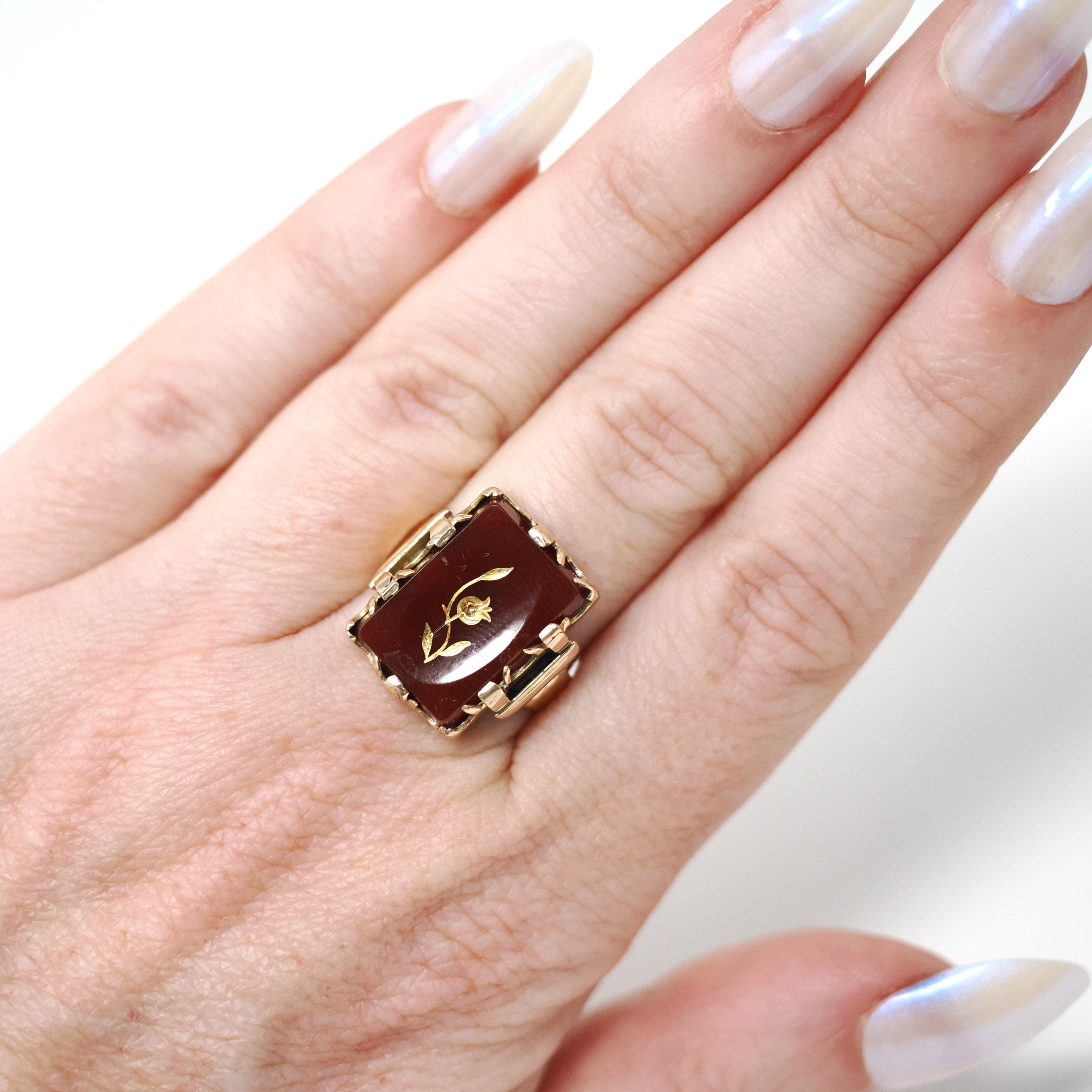 Rose of Sharon Ring - Victorian 14k Rose Gold Natural Sard Dark Red Gem - Antique Circa 1880s Size 6 1/2 Diamond Flower Fine Symbol Jewelry