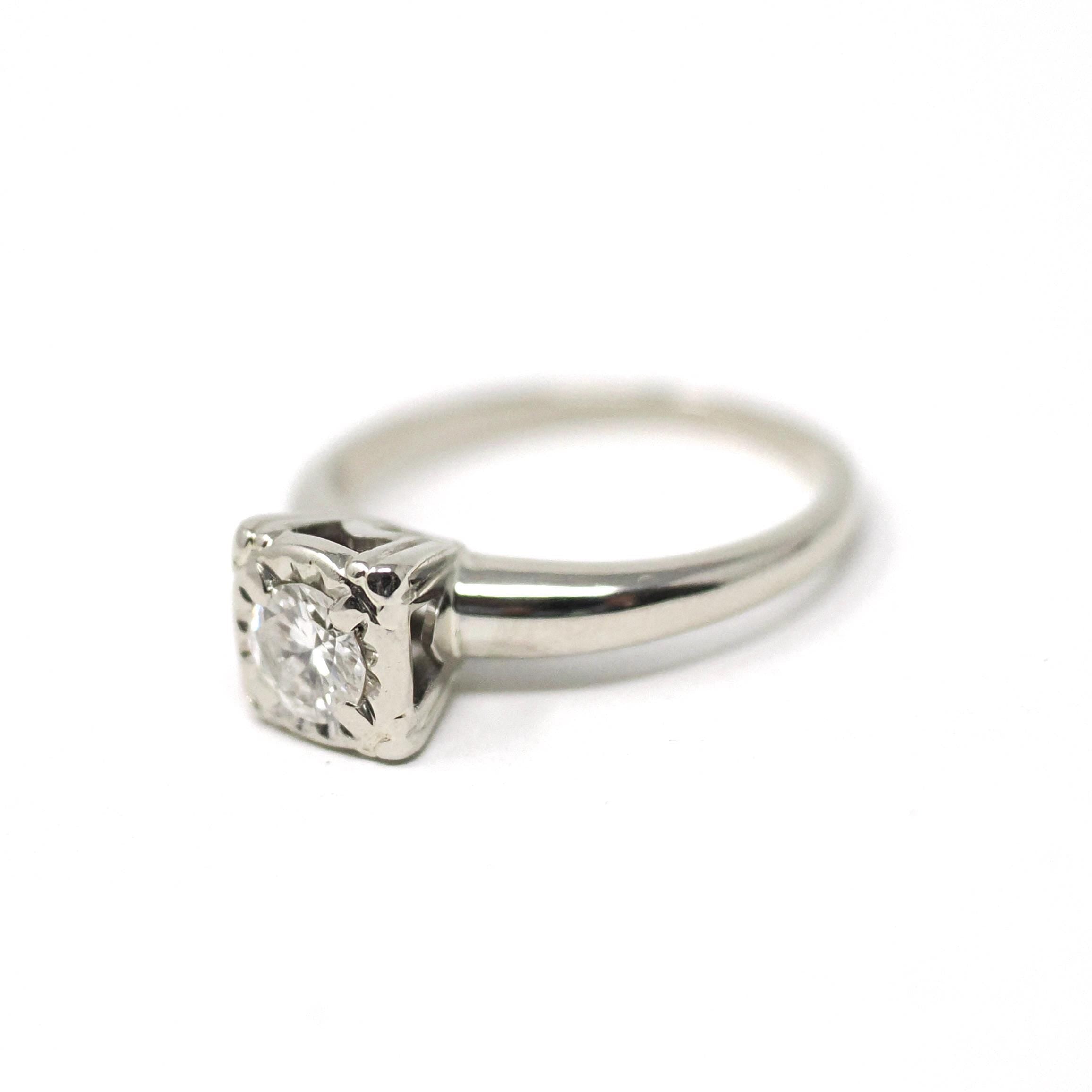 Mid Century Diamond Ring - Vintage 14k White Gold Natural .43 CT Engagement - Circa 1950s Era Size 6 1/2 Illusion Solitaire Fine Jewelry
