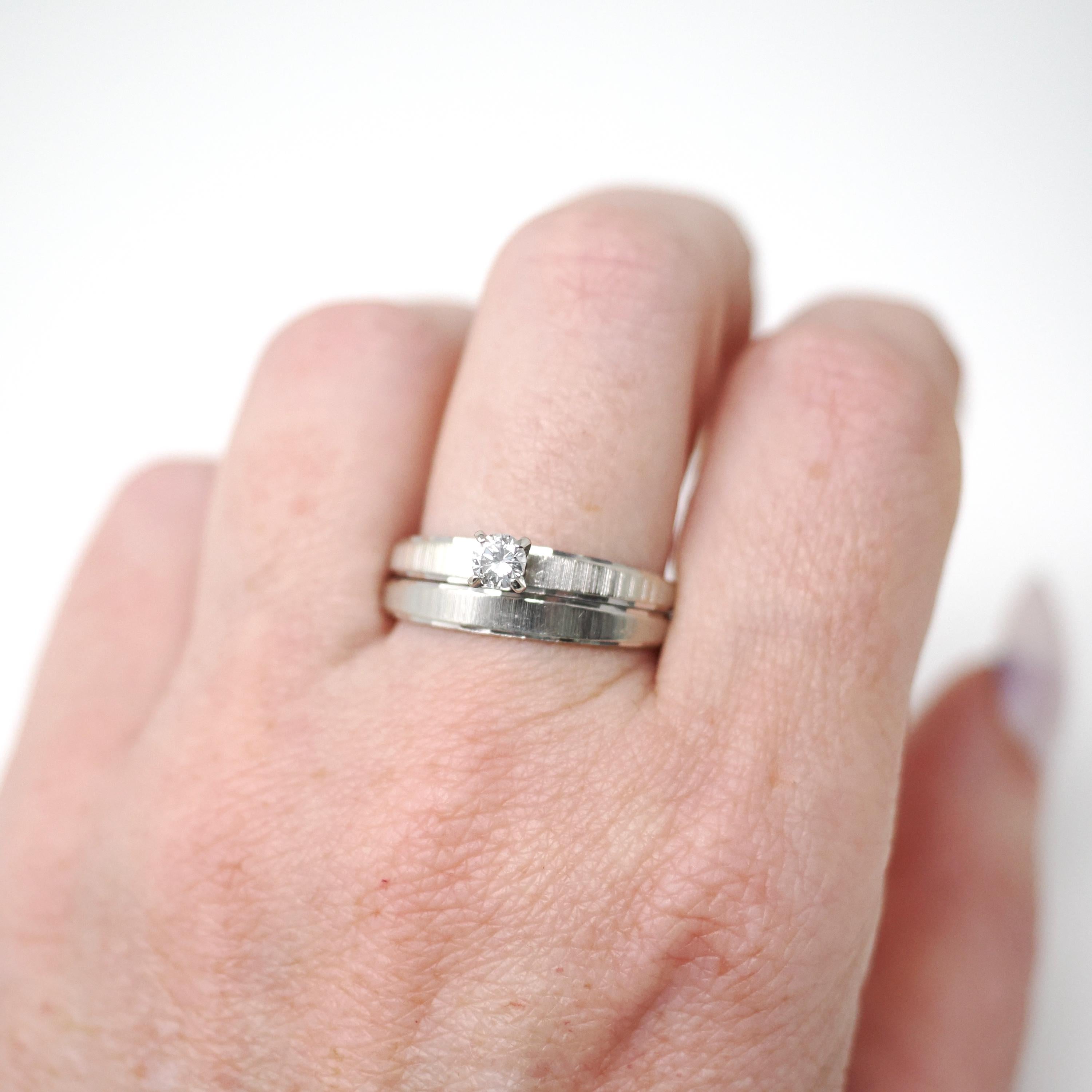 Vintage Wedding Ring Set - Mid Century 14k White Gold Natural Diamond Soldered Pair - Circa 1960s Size 9 Engagement Bridal Fine 60s Jewelry