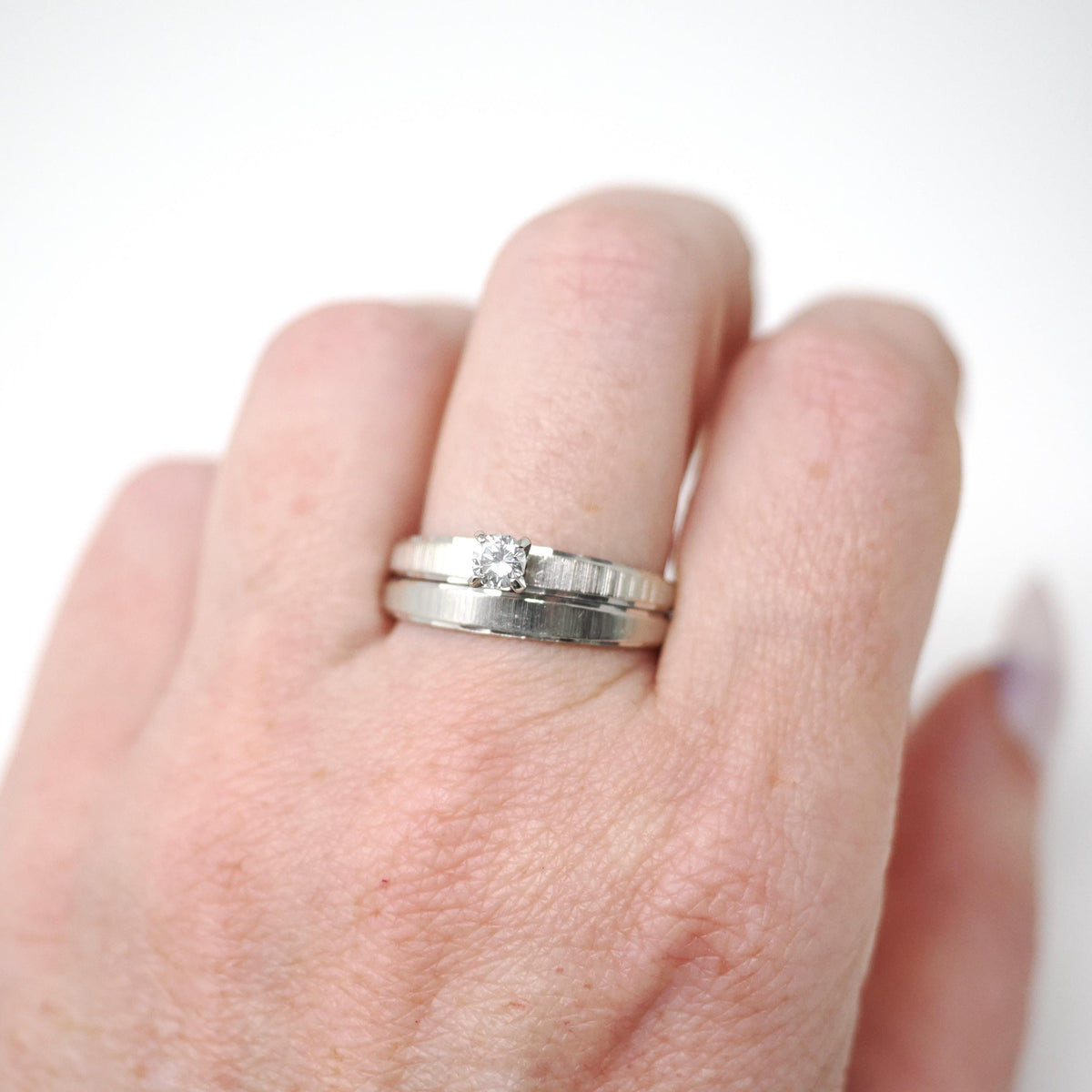 Vintage Wedding Ring Set - Mid Century 14k White Gold Natural Diamond Soldered Pair - Circa 1960s Size 9 Engagement Bridal Fine 60s Jewelry