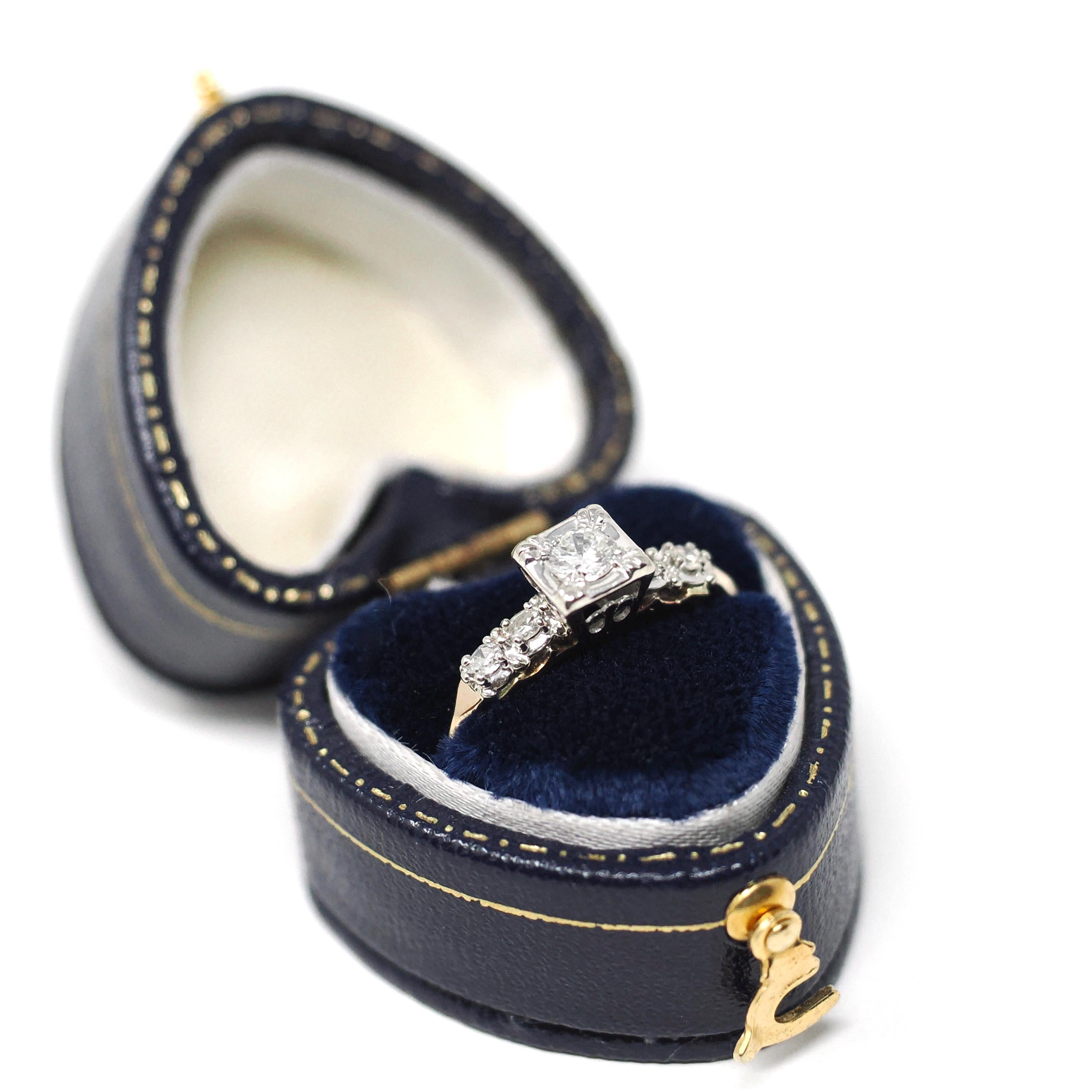 Vintage Engagement Ring - Mid Century 14k Yellow & White Gold Natural Diamond Illusion - Circa 1950s Size 6 1/4 Fine Two Tone Bridal Jewelry