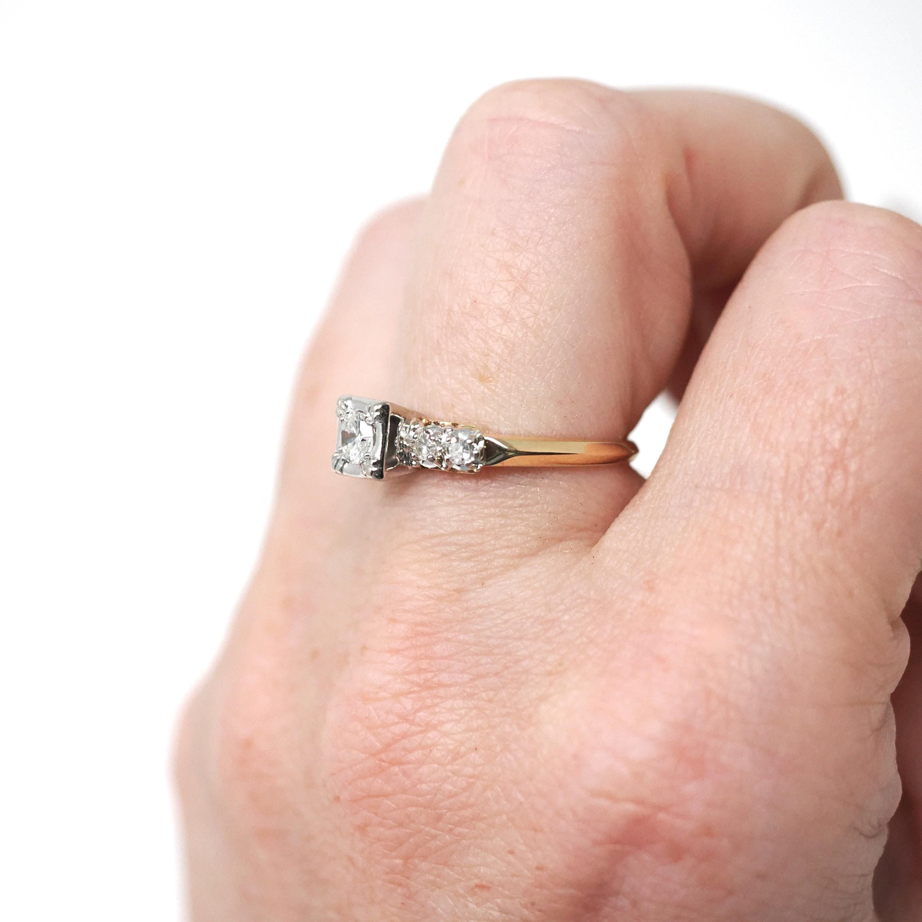 Vintage Engagement Ring - Mid Century 14k Yellow & White Gold Natural Diamond Illusion - Circa 1950s Size 6 1/4 Fine Two Tone Bridal Jewelry
