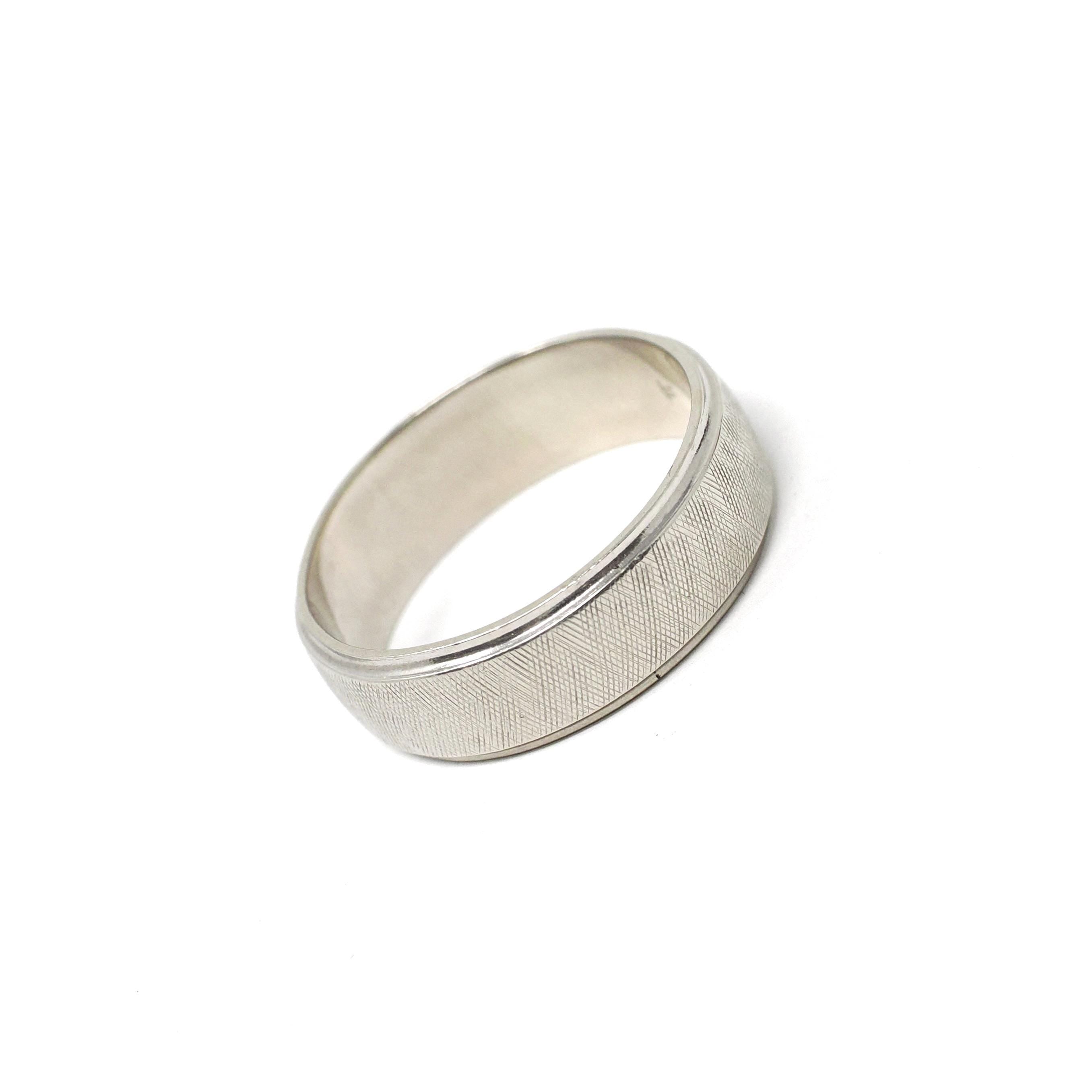 Vintage Wedding Ring - Retro 14k White Gold Florentine Textured Cigar Band - Circa 1960s Era Size 6 1/2 Half Round Fine Statement Jewelry