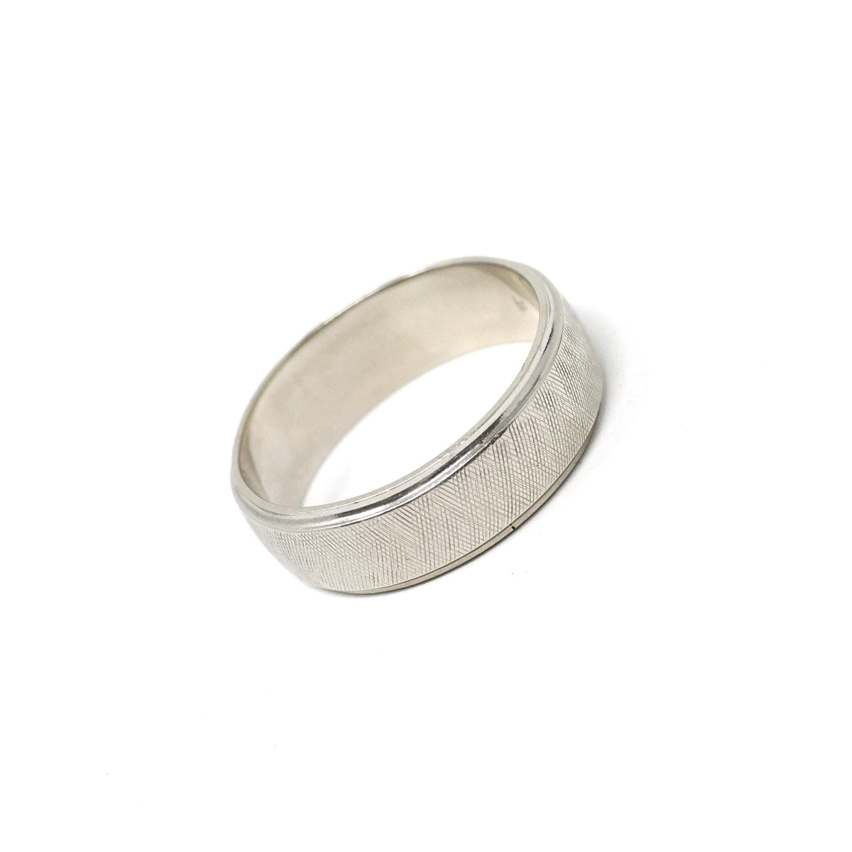 Vintage Wedding Ring - Retro 14k White Gold Florentine Textured Cigar Band - Circa 1960s Era Size 6 1/2 Half Round Fine Statement Jewelry