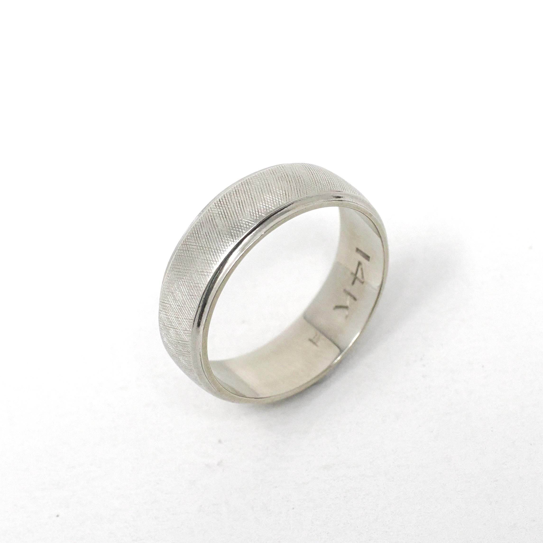 Vintage Wedding Ring - Retro 14k White Gold Florentine Textured Cigar Band - Circa 1960s Era Size 6 1/2 Half Round Fine Statement Jewelry