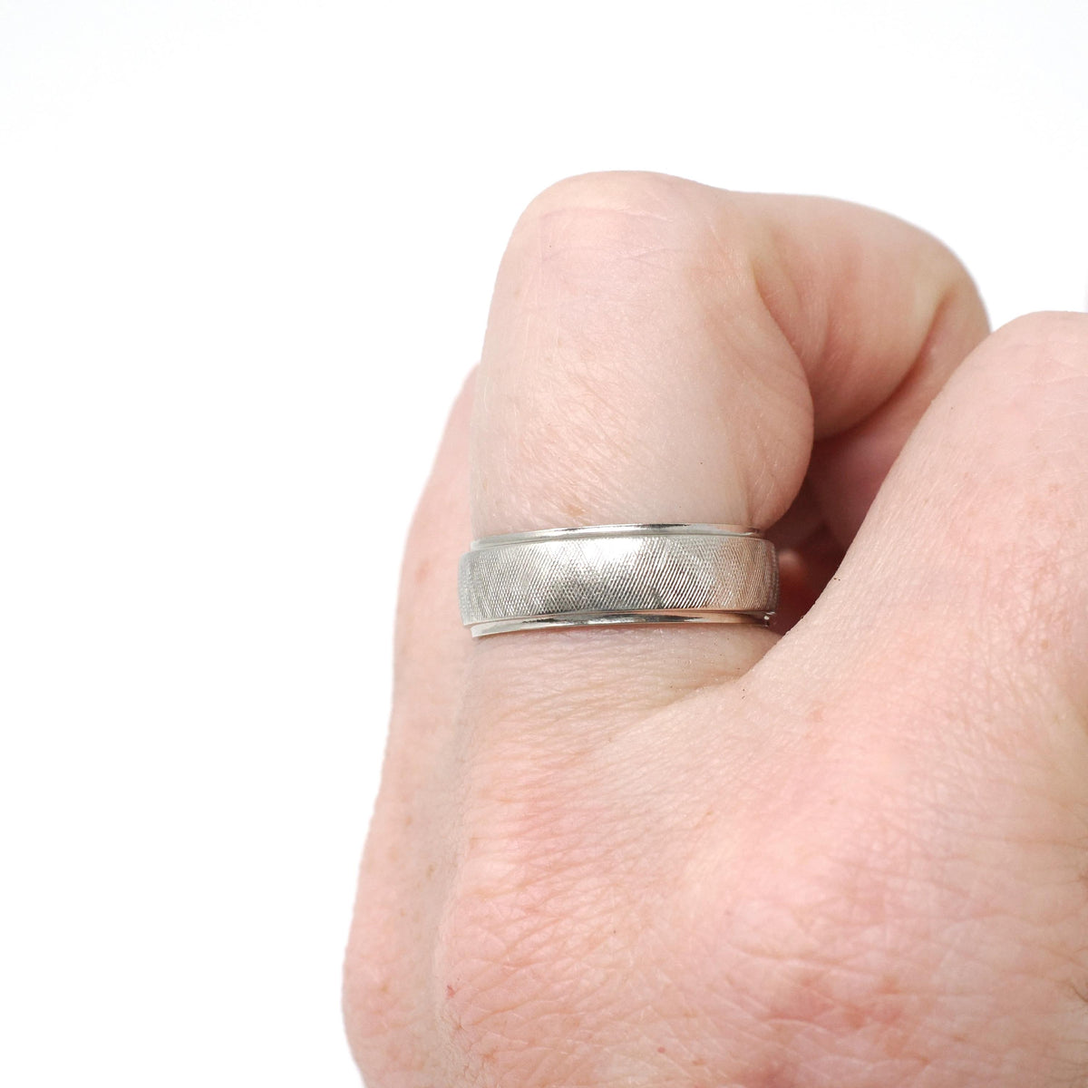 Vintage Wedding Ring - Retro 14k White Gold Florentine Textured Cigar Band - Circa 1960s Era Size 6 1/2 Half Round Fine Statement Jewelry