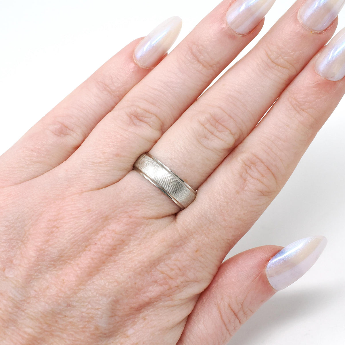 Vintage Wedding Ring - Retro 14k White Gold Florentine Textured Cigar Band - Circa 1960s Era Size 6 1/2 Half Round Fine Statement Jewelry